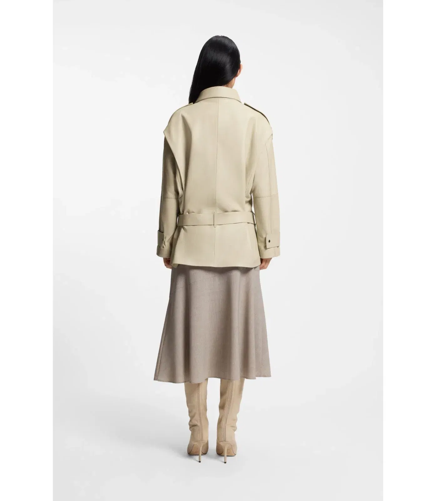 Boss Short Trench Coat In Leather Light Beige Women's