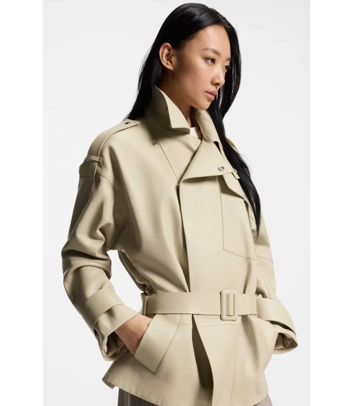 Boss Short Trench Coat In Leather Light Beige Women's
