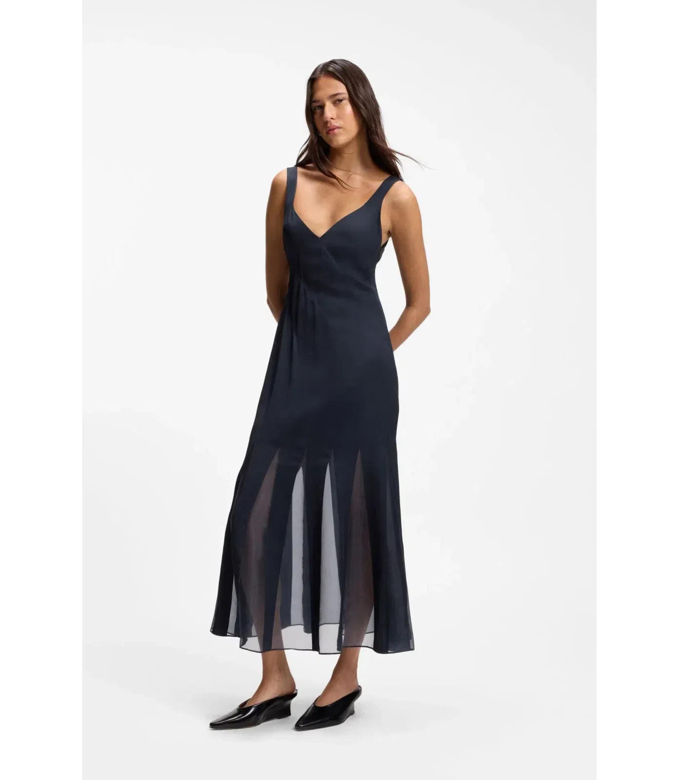 Boss Satin Slip Dress With Organza Inserts Dark Blue Women's