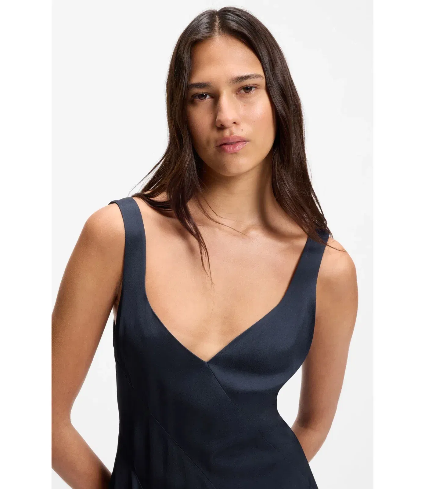 Boss Satin Slip Dress With Organza Inserts Dark Blue Women's
