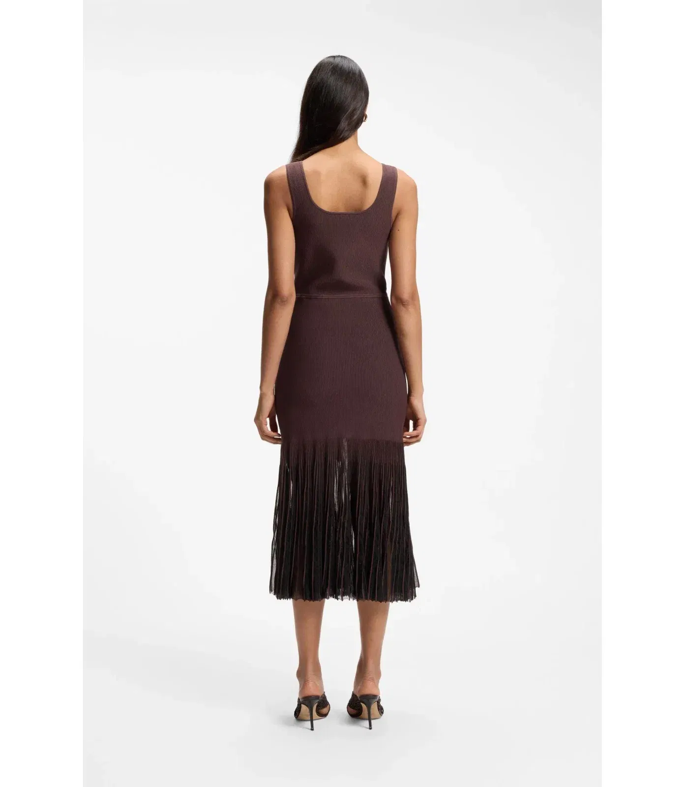 Boss Rib Knit Dress With Sheer Pleating Dark Brown Women's