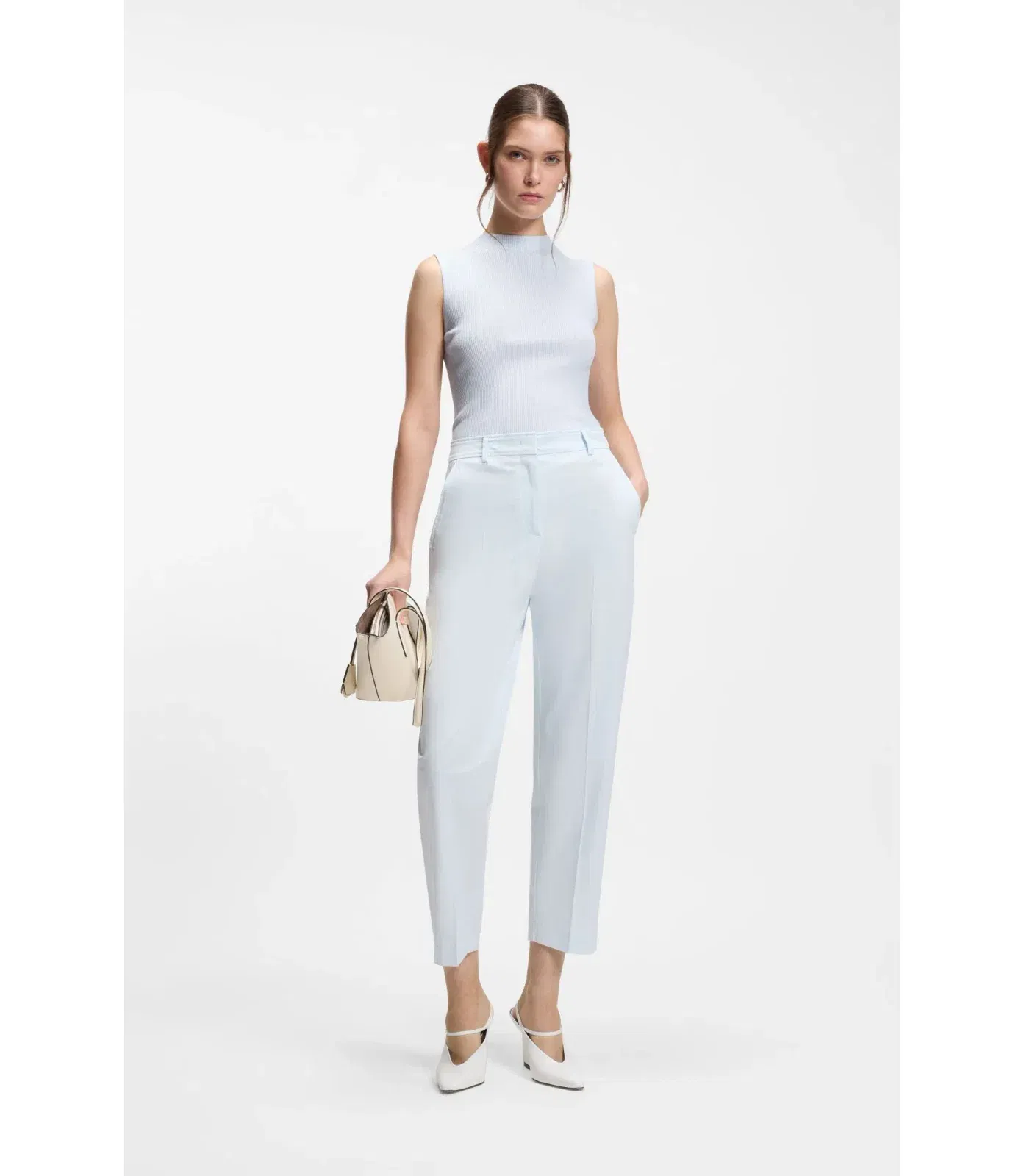 Boss Ribbed Top With Mock Neckline Light Blue Women's