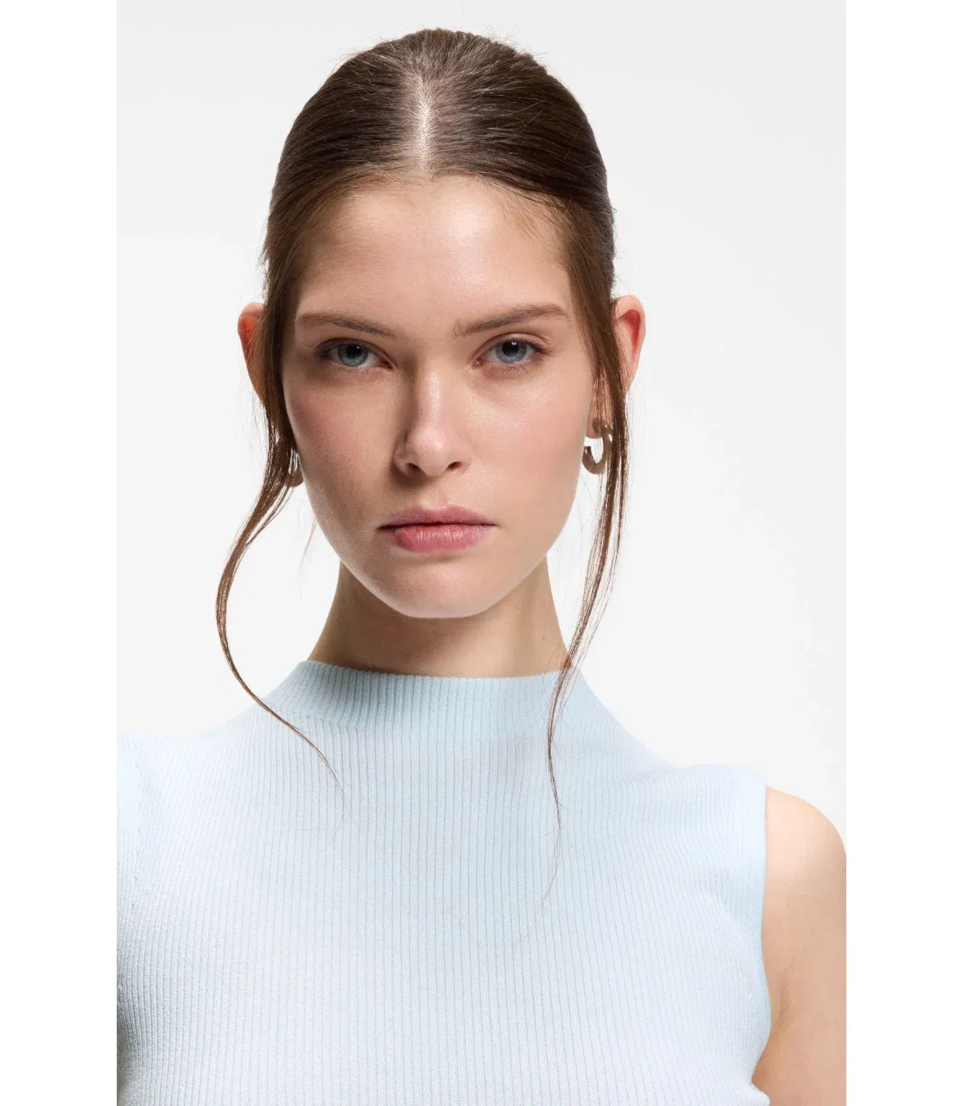 Boss Ribbed Top With Mock Neckline Light Blue Women's