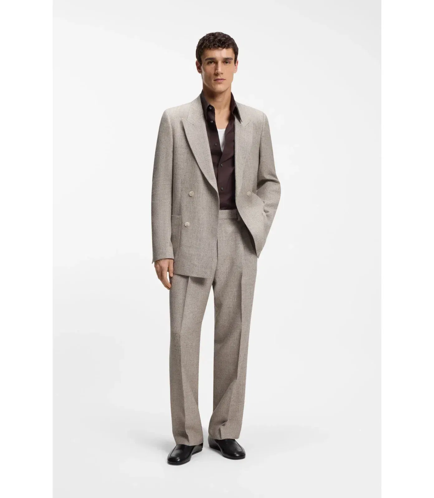 Boss Relaxed Fit Double Breasted Blazer With Micro Pattern Light Beige
