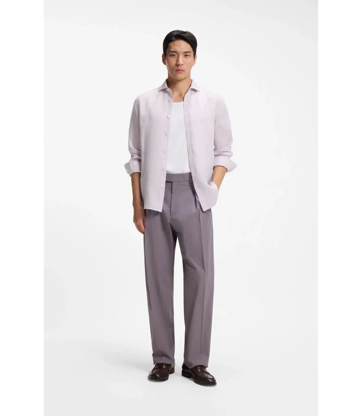 Boss Regular Fit Shirt In Washed Linen Light Purple