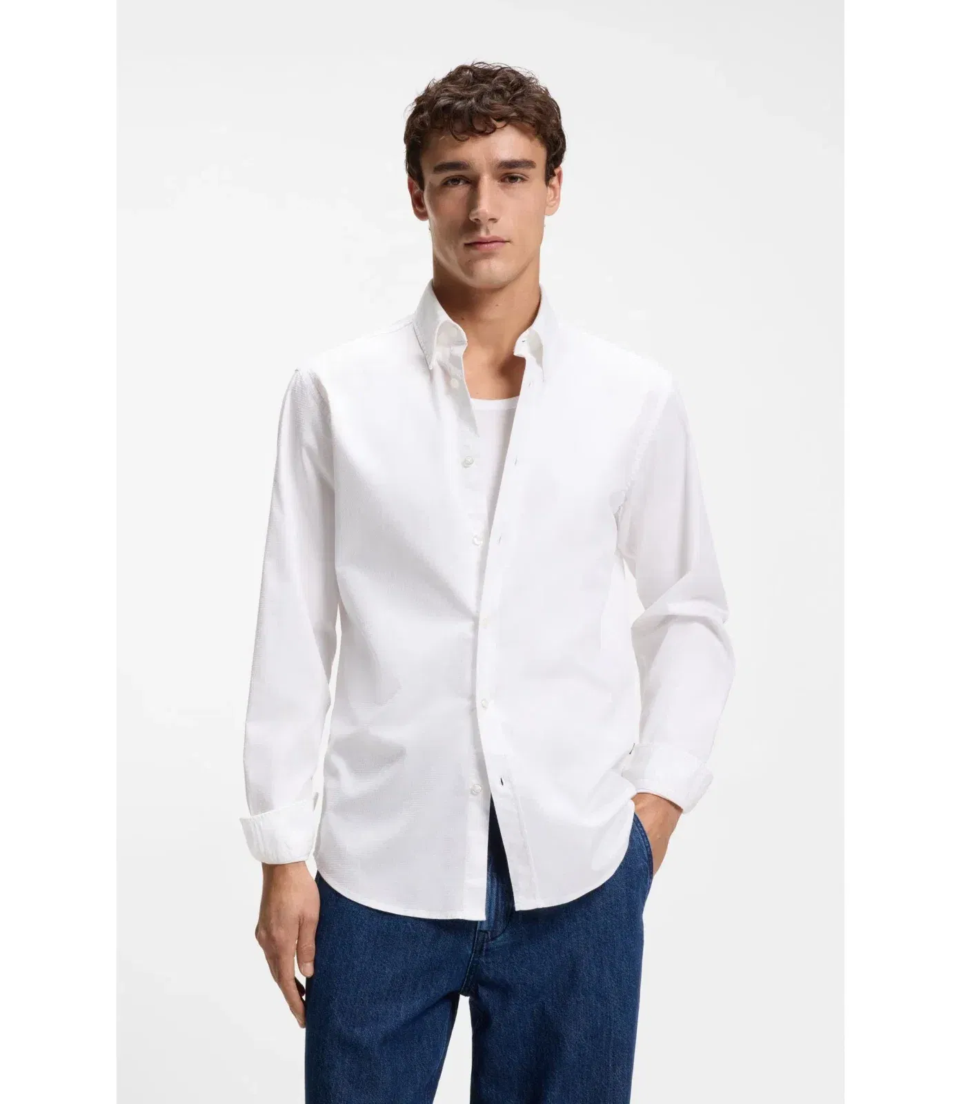 Boss Regular Fit Shirt In Stretch Cotton Dobby White