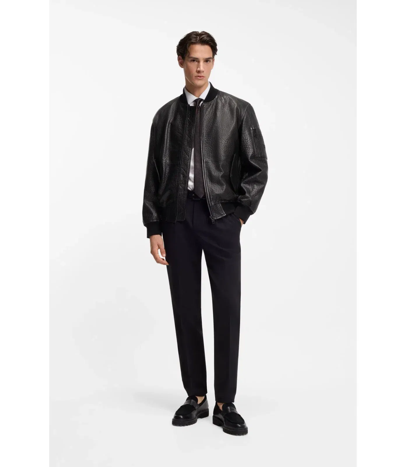 Hugo Patterned Leather Jacket In A Regular Fit Black