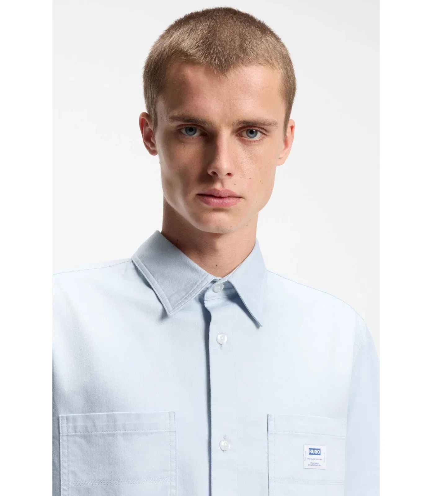 Hugo Oversize Fit Shirt In Slub Cotton With Patch Pockets Light Blue