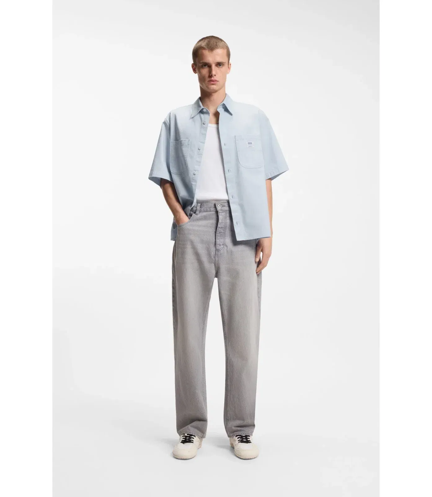 Hugo Oversize Fit Shirt In Slub Cotton With Patch Pockets Light Blue
