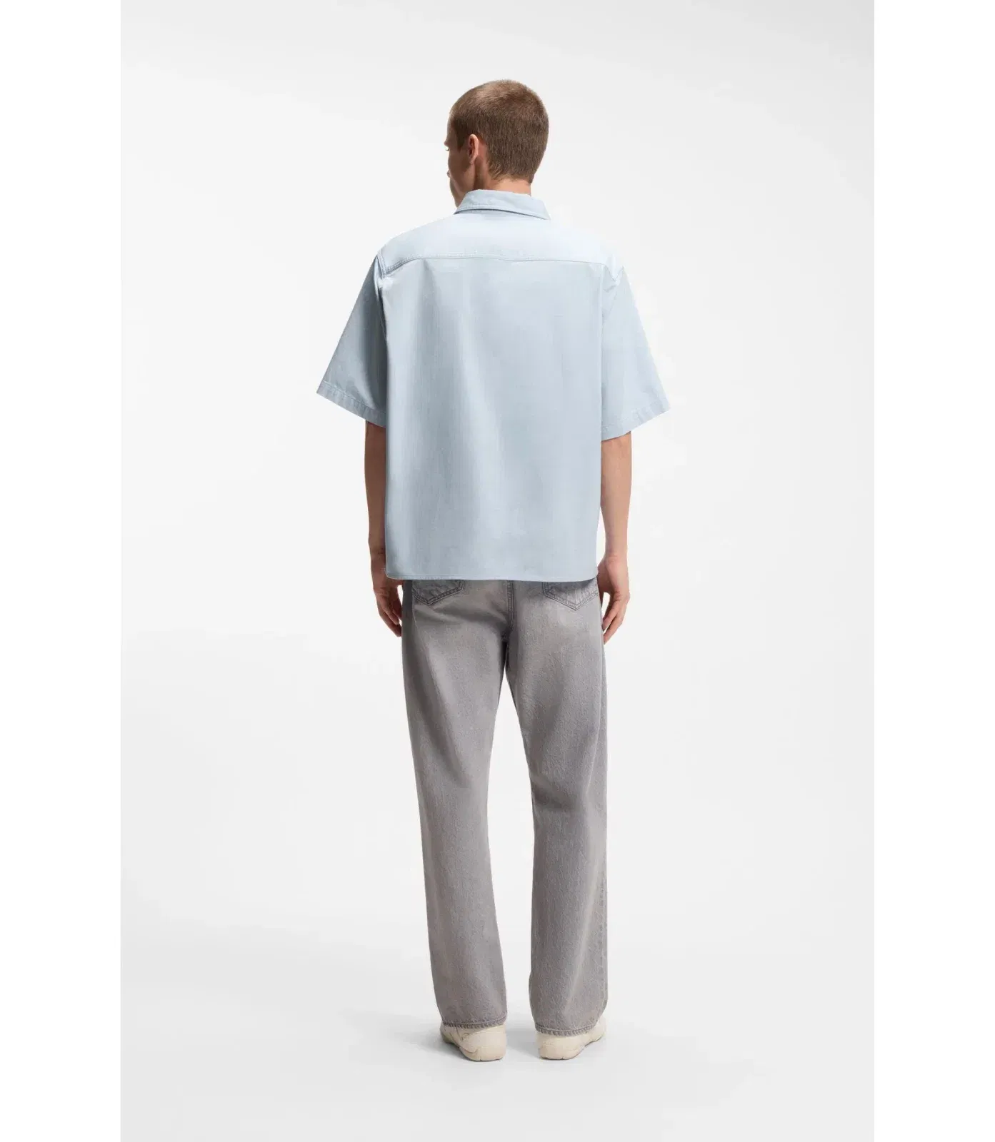 Hugo Oversize Fit Shirt In Slub Cotton With Patch Pockets Light Blue