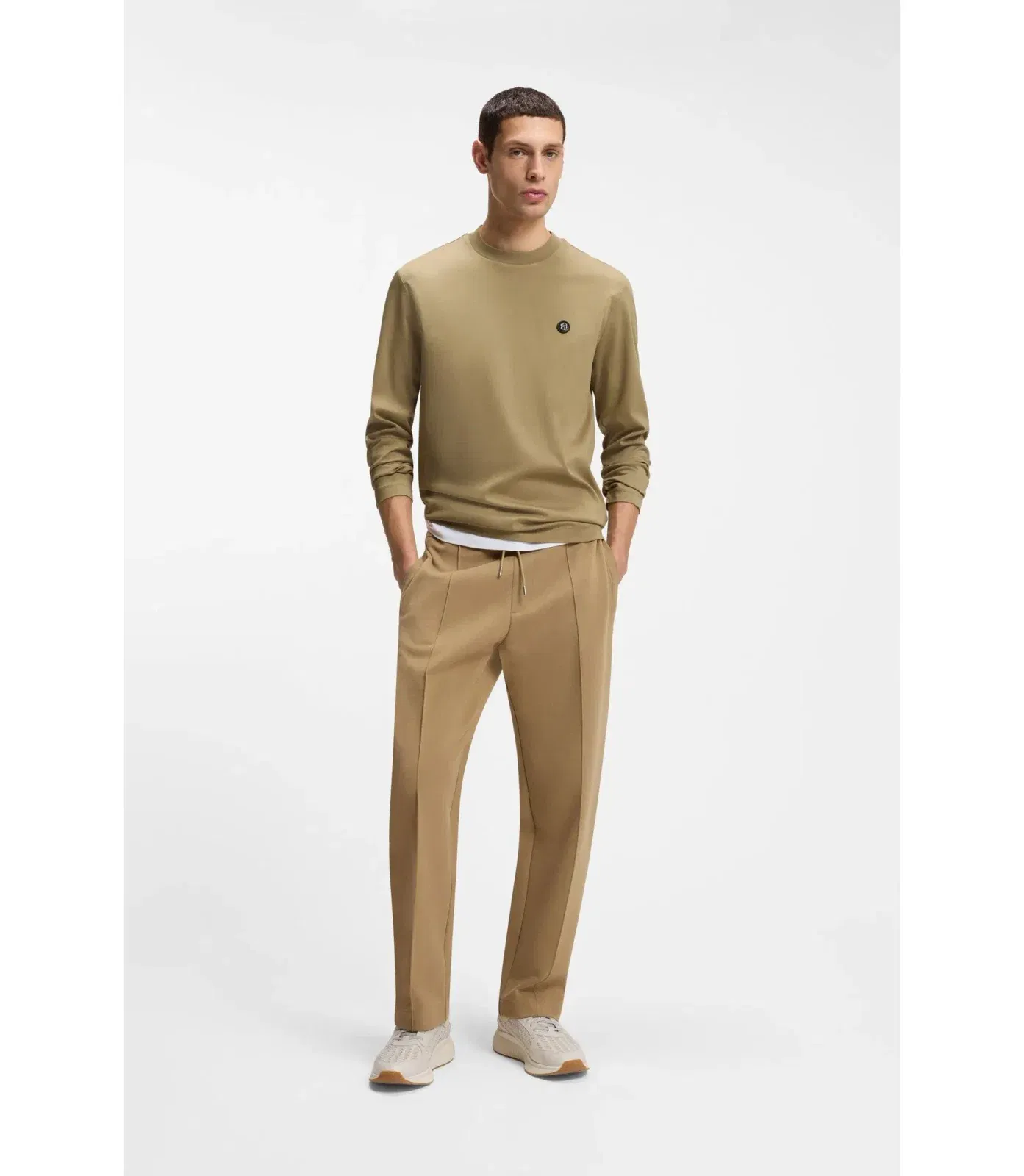 Boss Mercerised Cotton T-Shirt With Double B Monogram Khaki