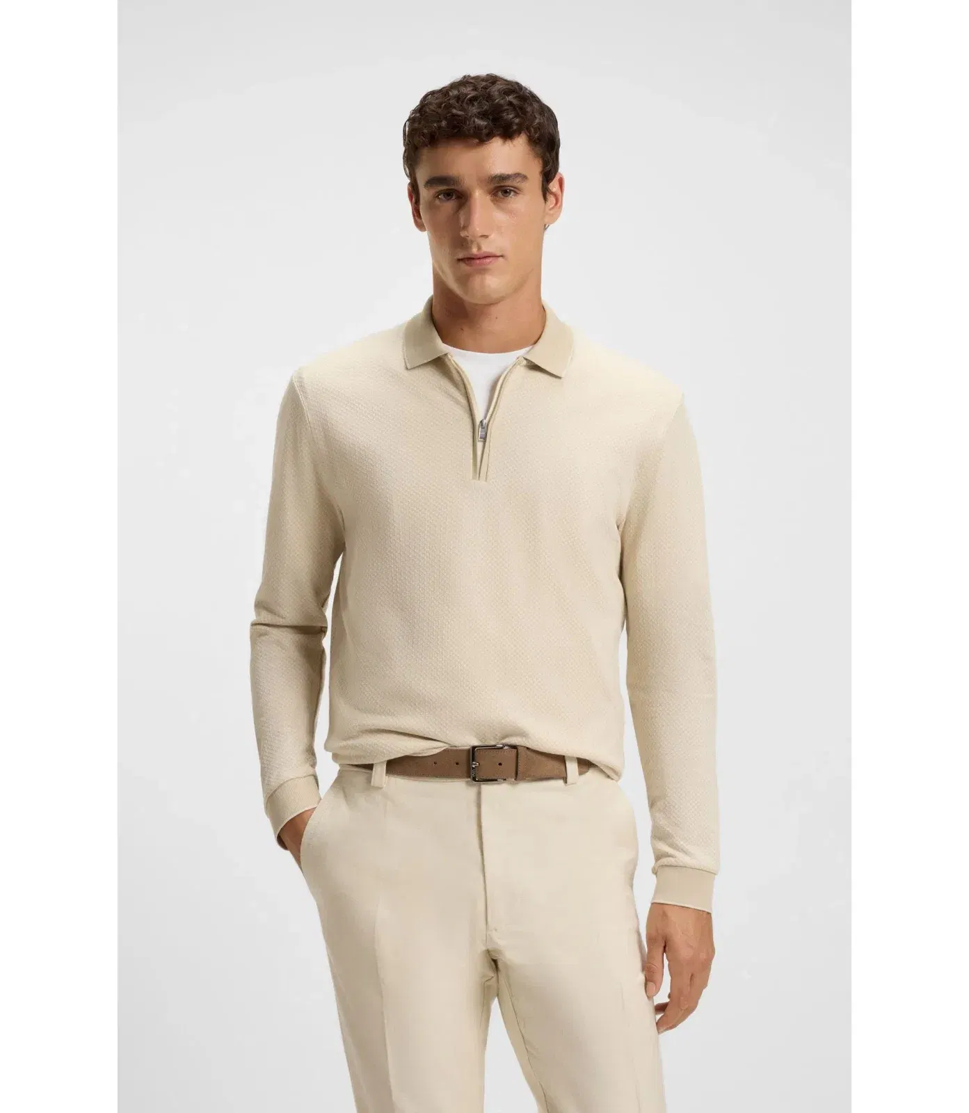 Boss Mercerised Cotton Polo Shirt With Two Tone Structure Light Beige