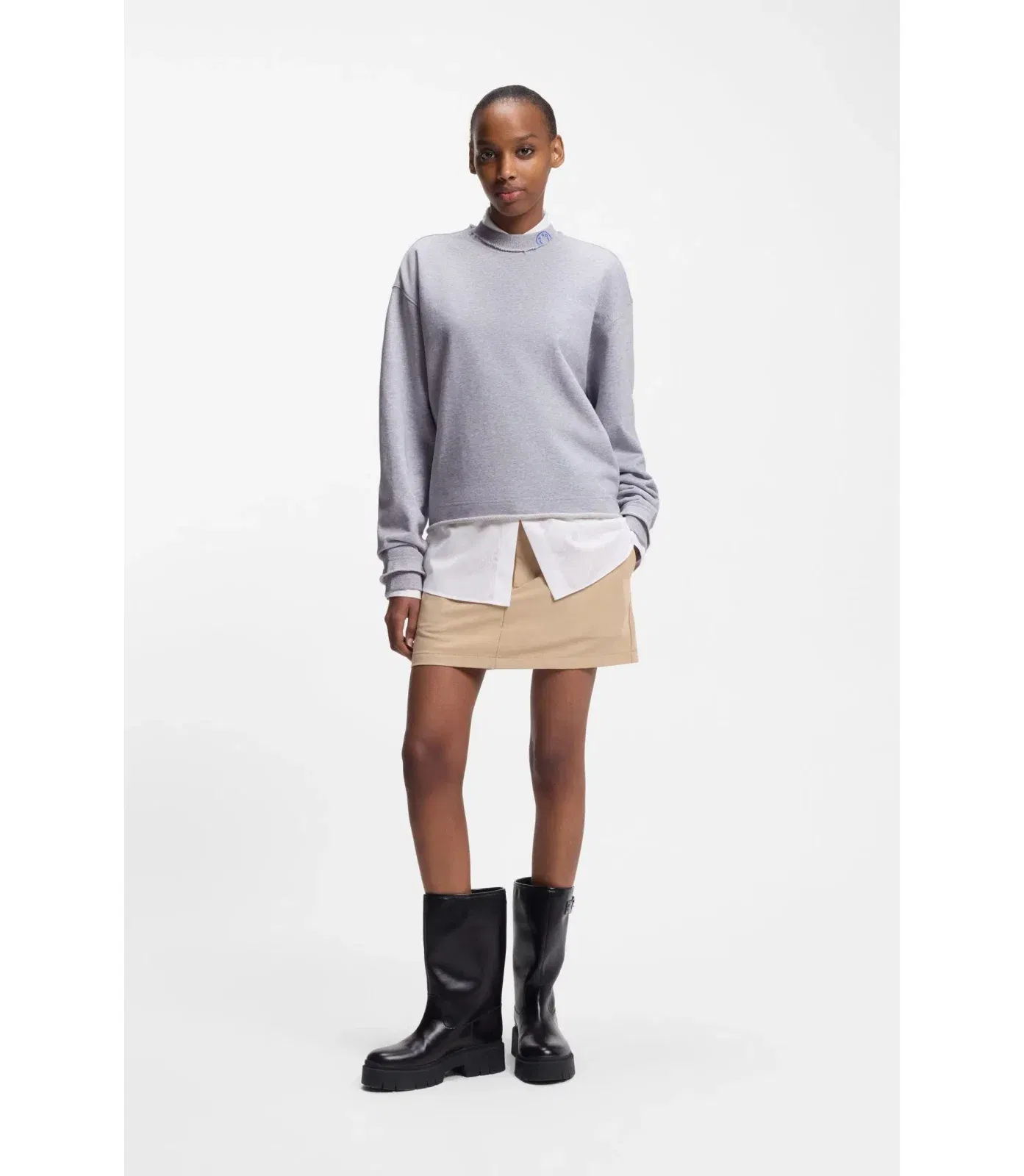 Hugo Logo Collar Sweatshirt In Cotton Terry Light Grey Women's