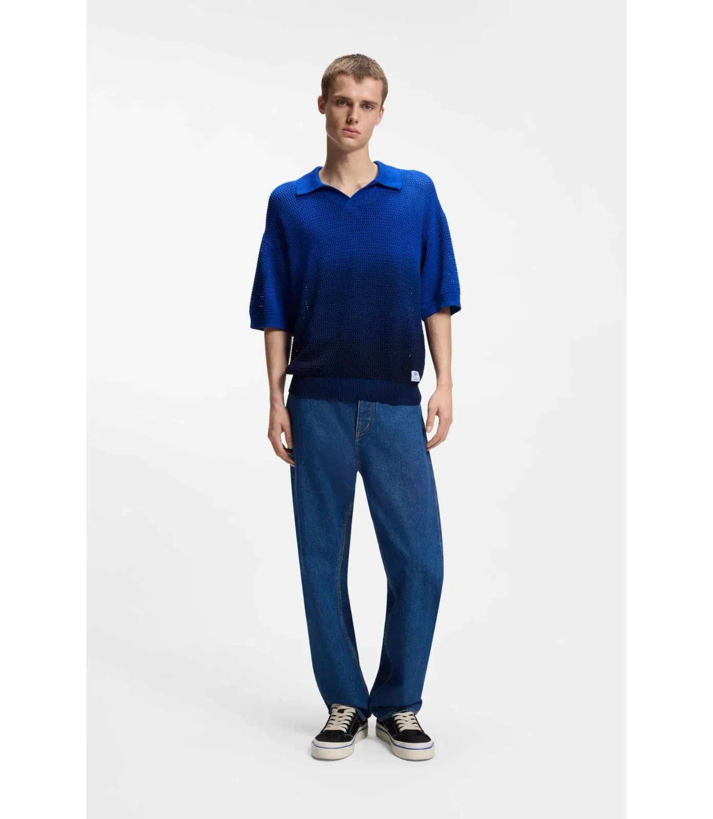 Hugo Knitted Cotton Sweater With Dip Dye Effect Light Blue