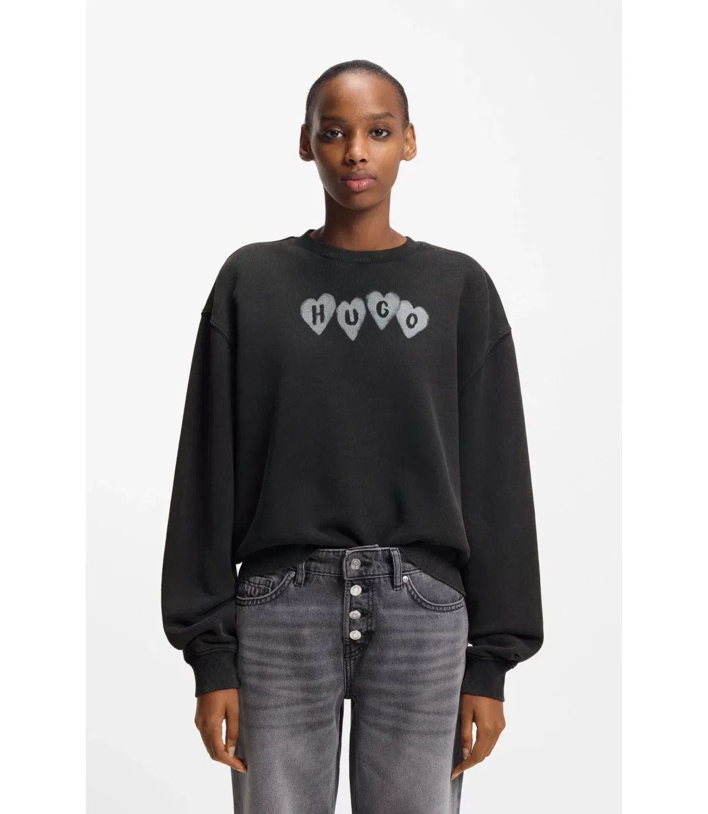 Hugo Heart Logo Sweatshirt In Cotton Terry Black Women's