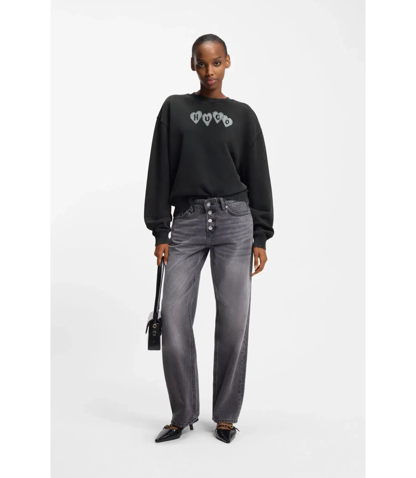 Hugo Heart Logo Sweatshirt In Cotton Terry Black Women's
