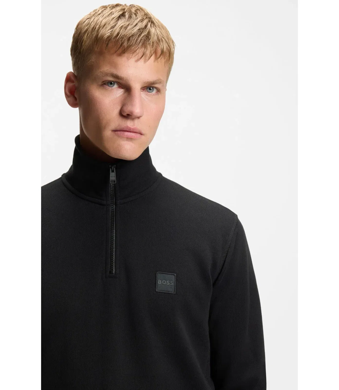 Boss Cotton Terry Sweatshirt With Zipper Collar Black