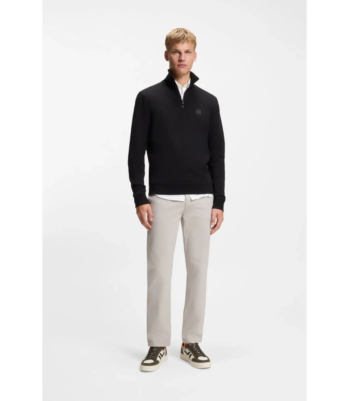 Boss Cotton Terry Sweatshirt With Zipper Collar Black