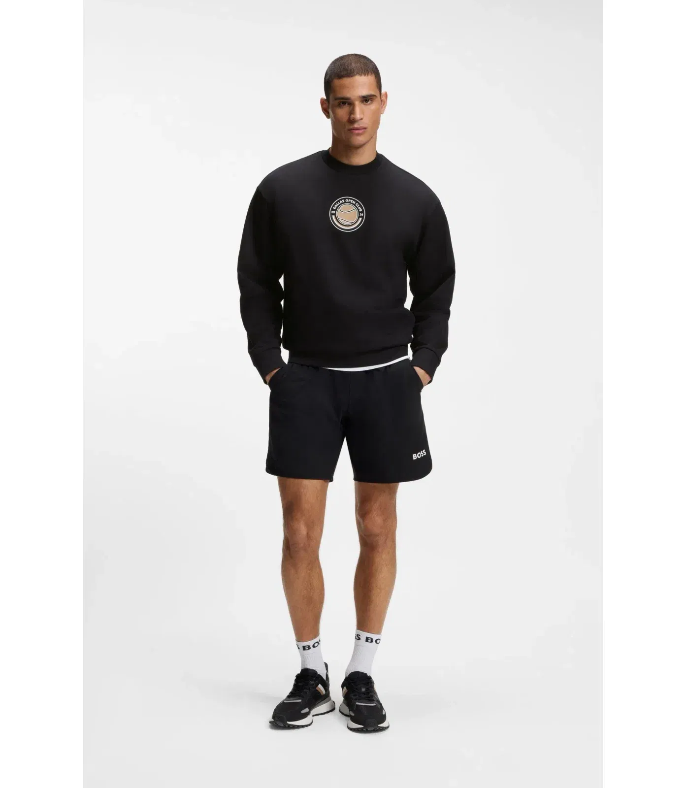 Boss Cotton Terry Sweatshirt With Tennis Artwork Black