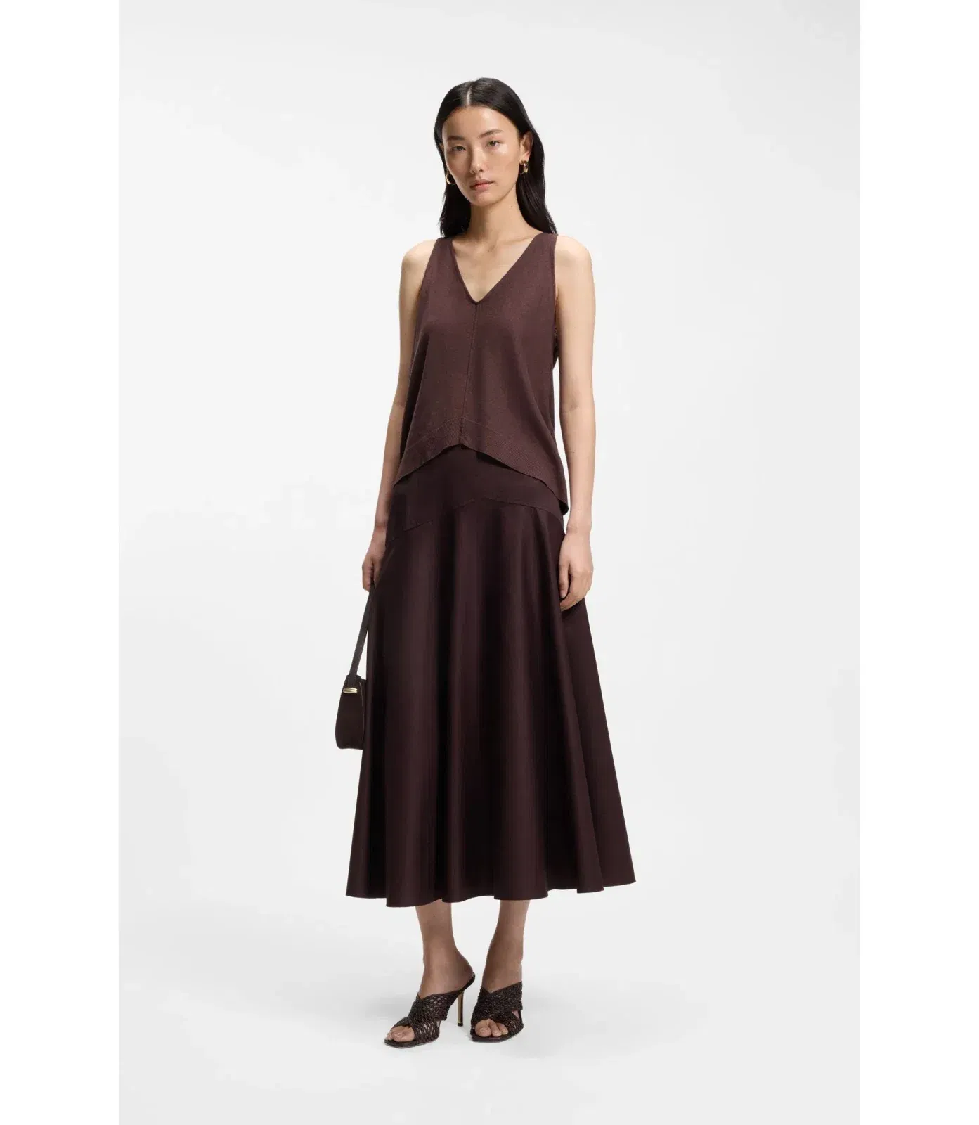 Boss Cotton Linen Top With V Neckline Dark Brown Women's