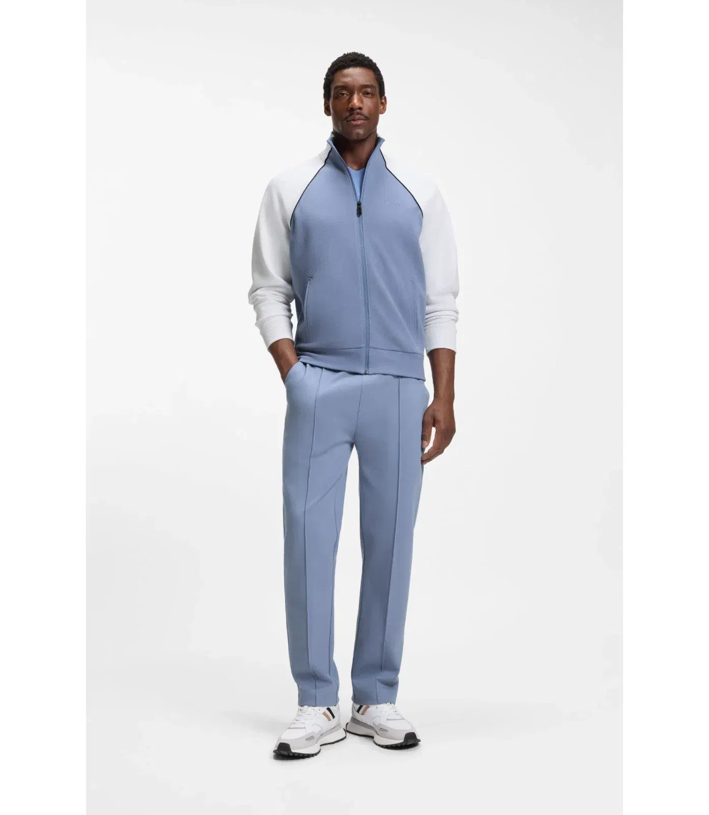 Boss Contrast Piping Sweatshirt In A Cotton Blend Light Blue