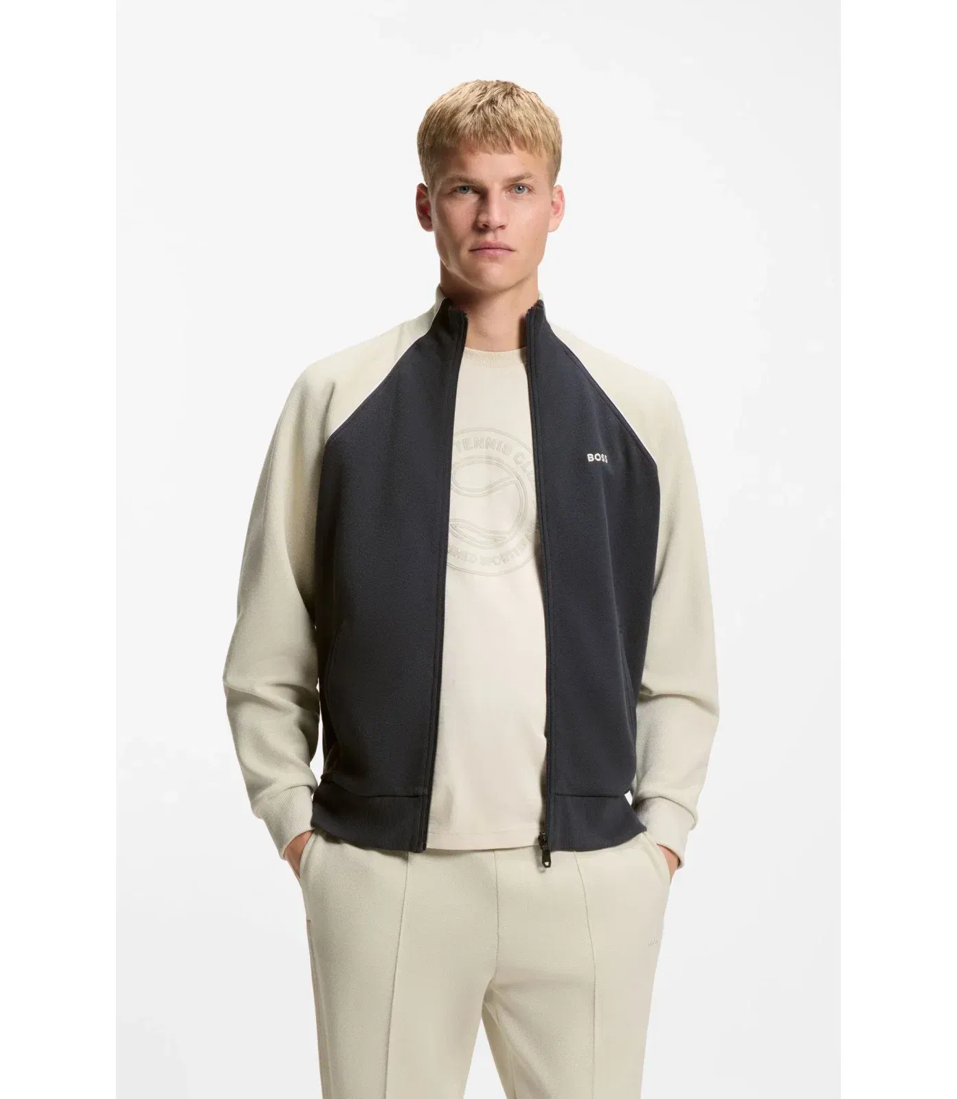 Boss Contrast Piping Sweatshirt In A Cotton Blend Dark Blue
