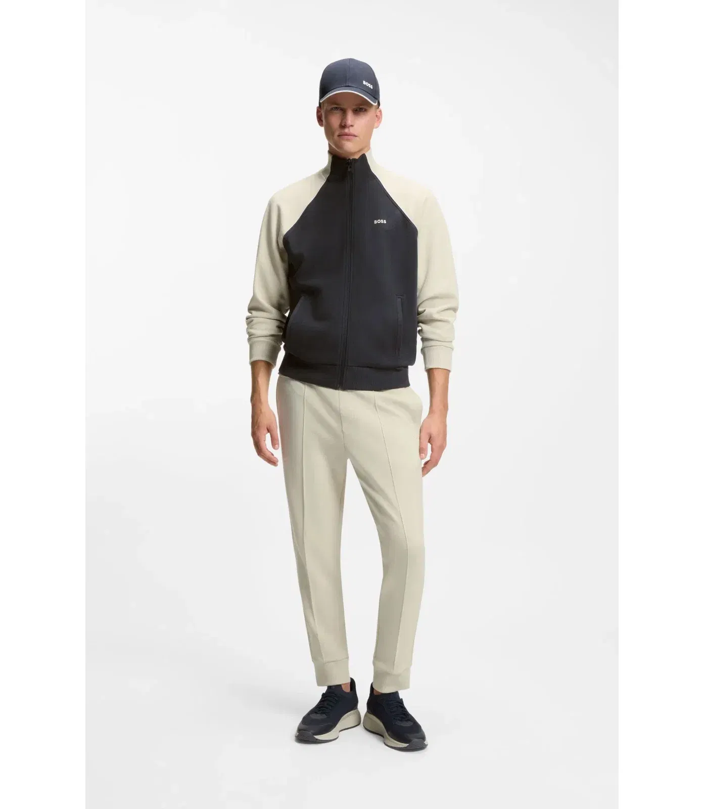 Boss Contrast Piping Sweatshirt In A Cotton Blend Dark Blue