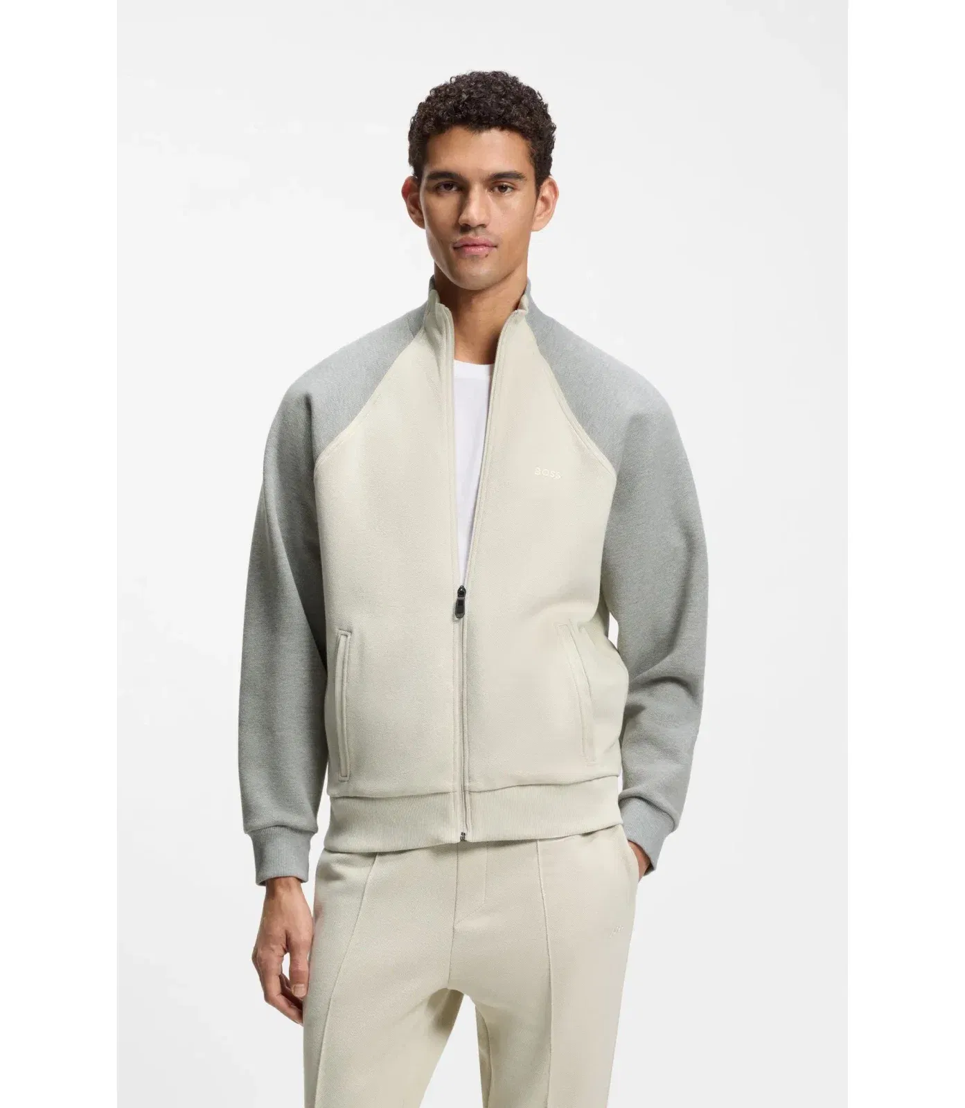 Boss Contrast Piping Sweatshirt In A Cotton Blend Light Beige