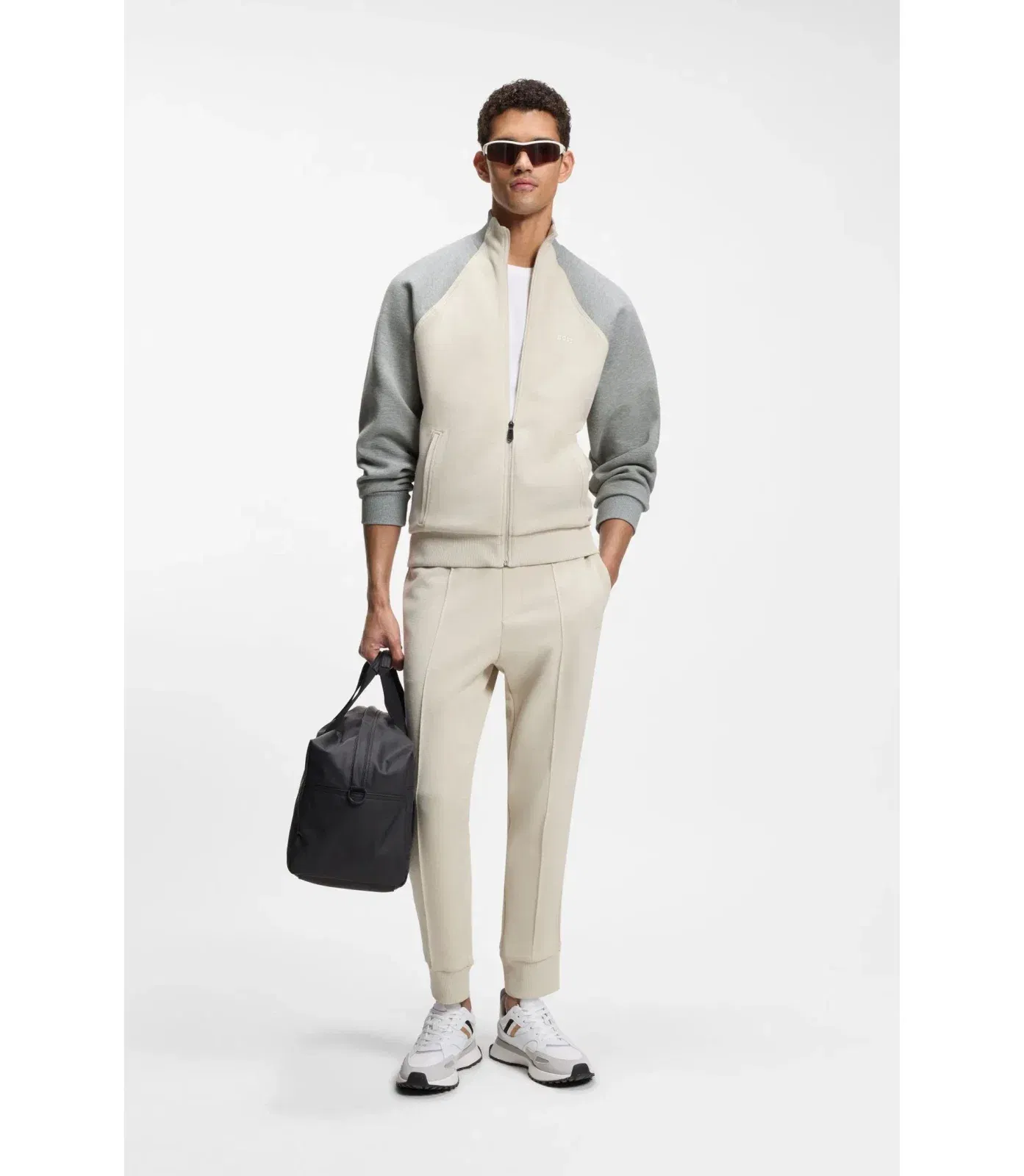 Boss Contrast Piping Sweatshirt In A Cotton Blend Light Beige