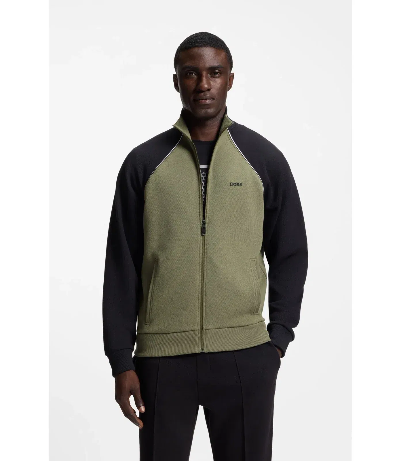 Boss Contrast Piping Sweatshirt In A Cotton Blend Khaki