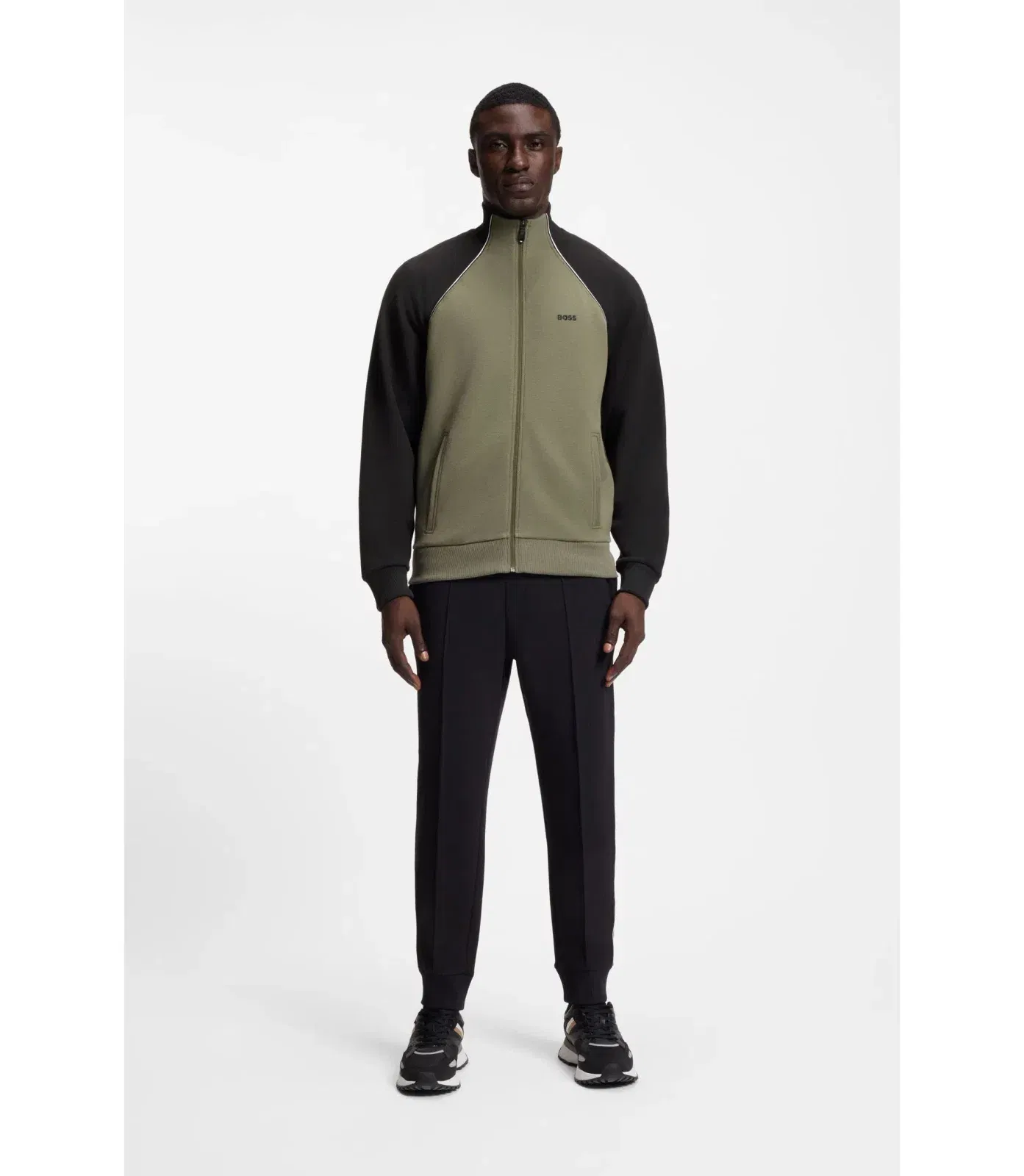 Boss Contrast Piping Sweatshirt In A Cotton Blend Khaki