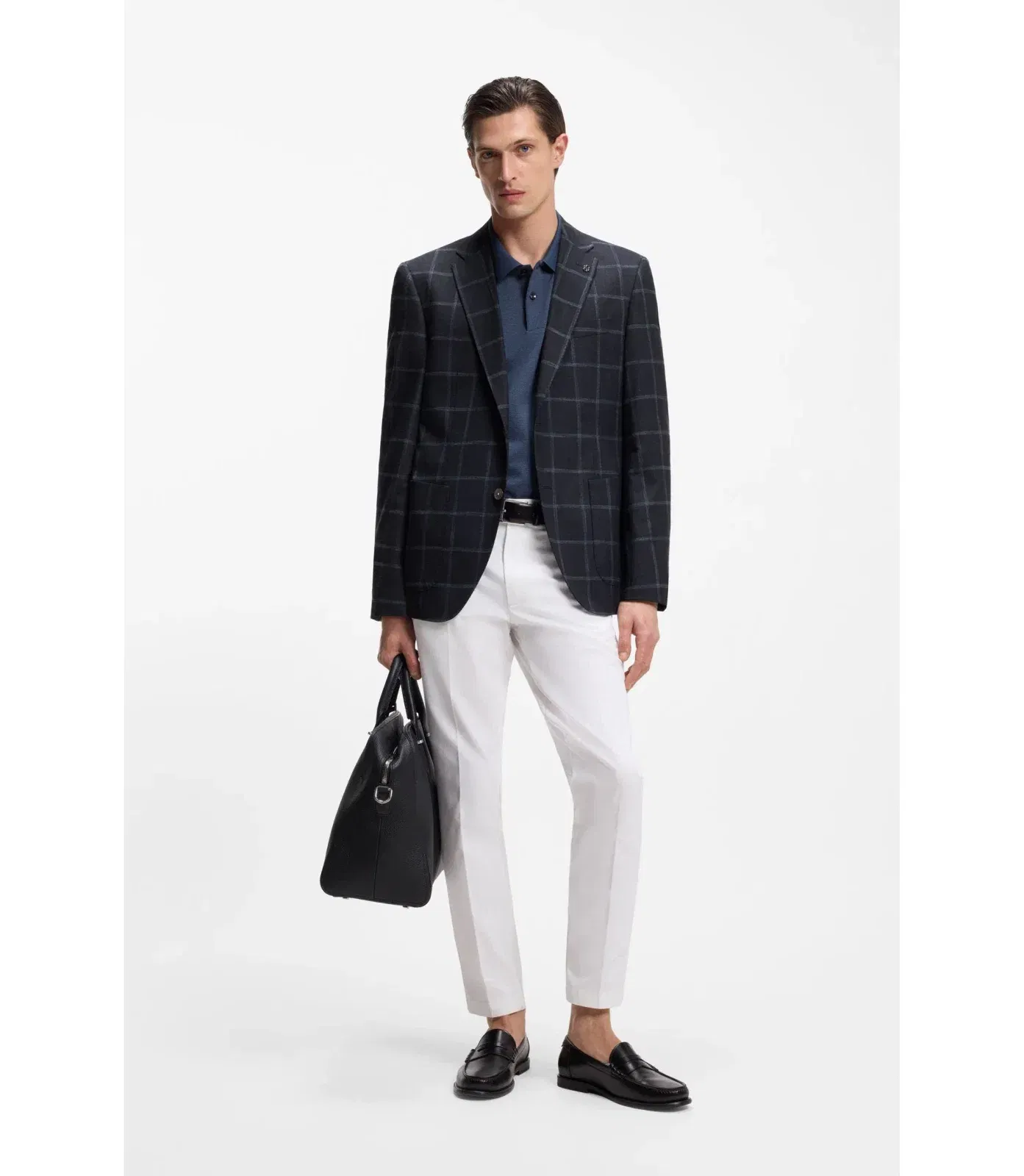 Boss Checked Regular Fit Jacket In Comfort Stretch Cloth Dark Blue