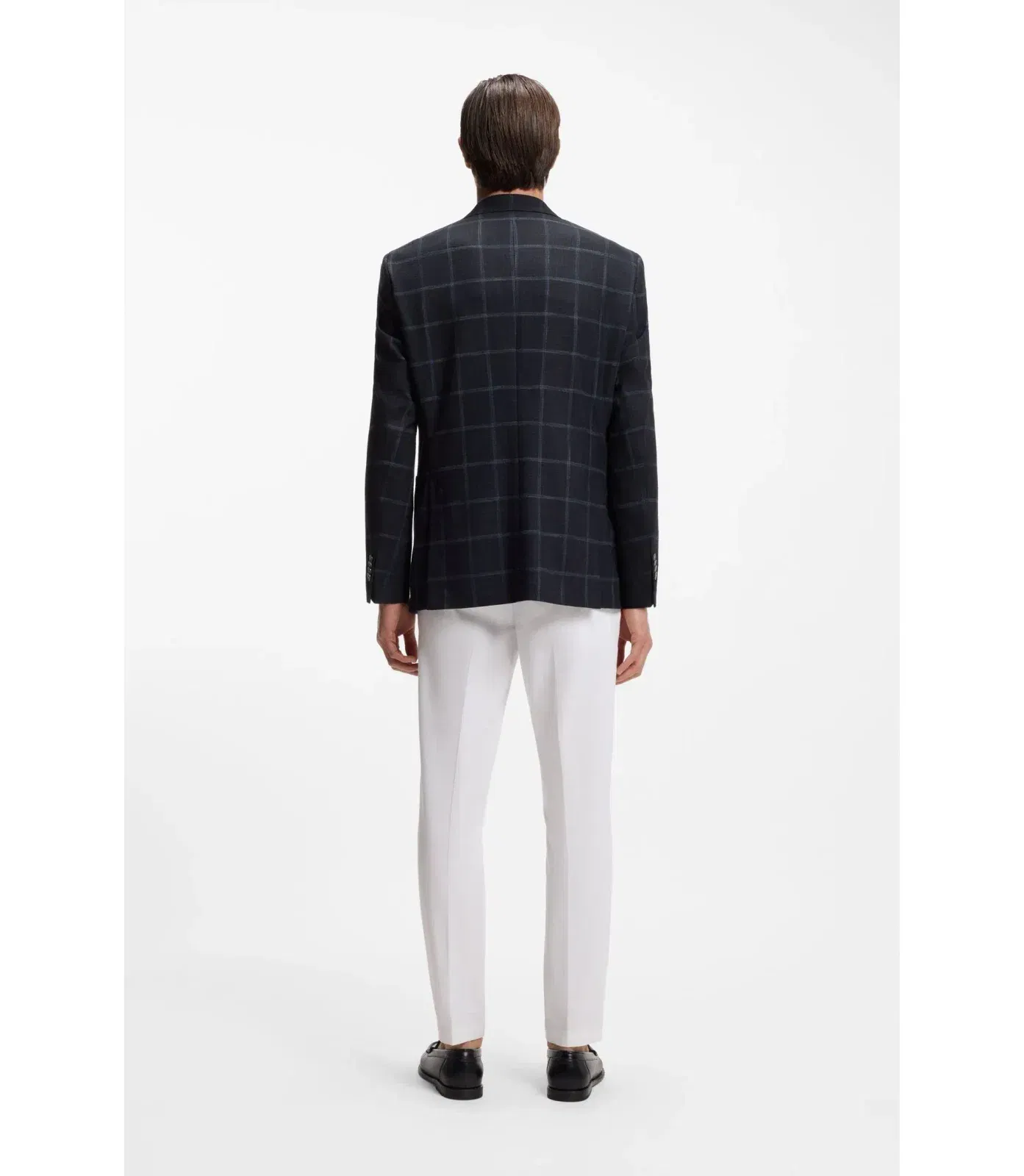 Boss Checked Regular Fit Jacket In Comfort Stretch Cloth Dark Blue