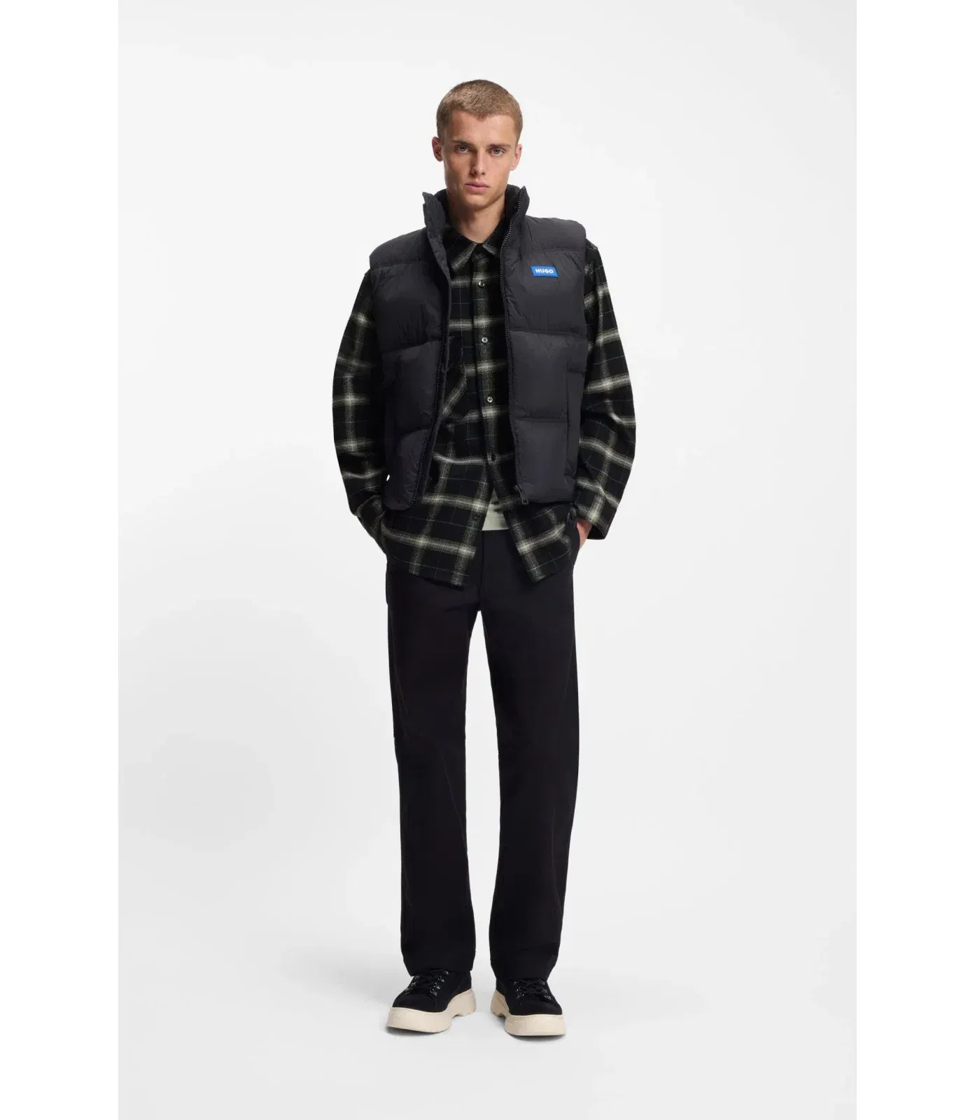 Hugo Checked Oversized Fit Overshirt In Cotton Twill Black