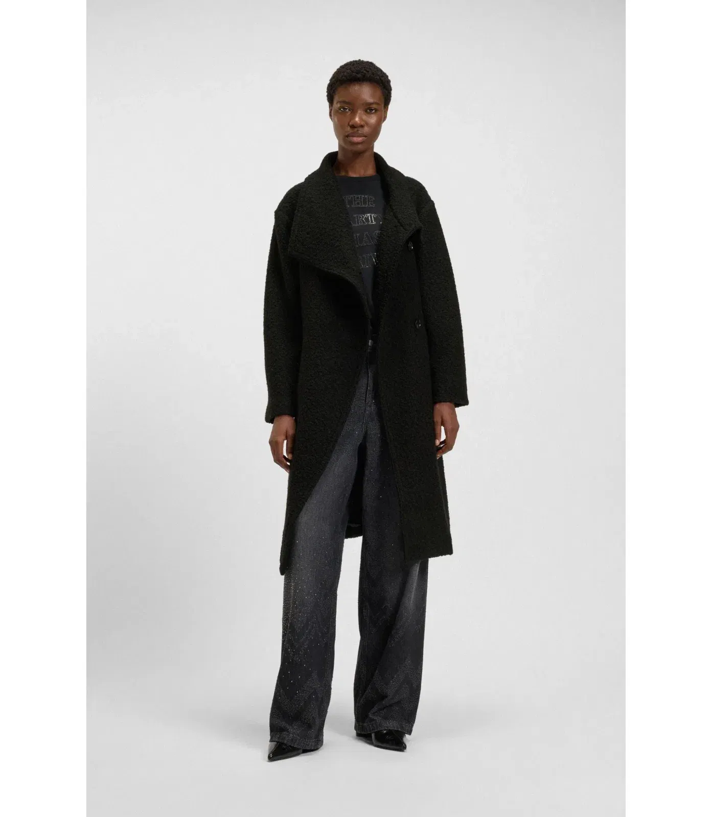 Boss Boucl Coat With Stand Collar And Belt Black Women's
