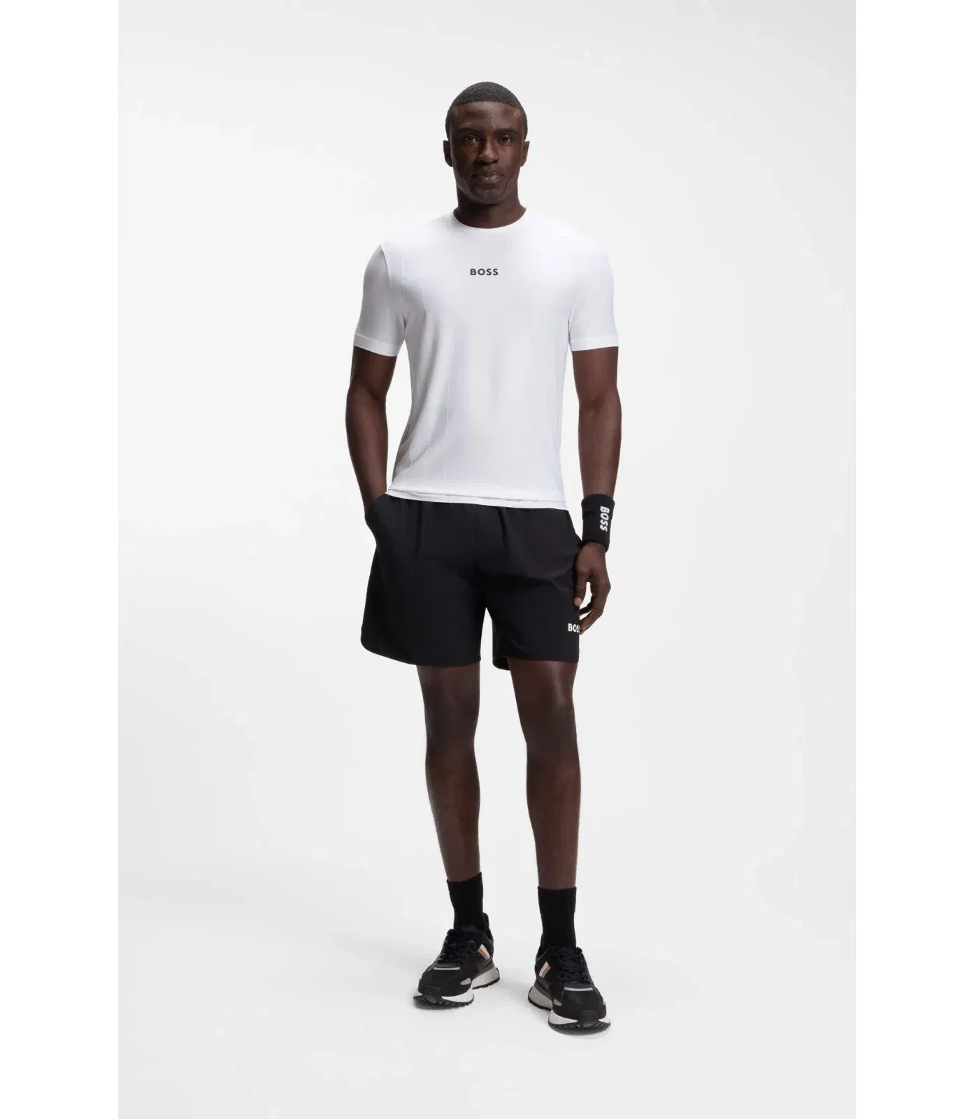 Boss Active Jacquard Stripe Slim Fit T-Shirt With Logo Print White