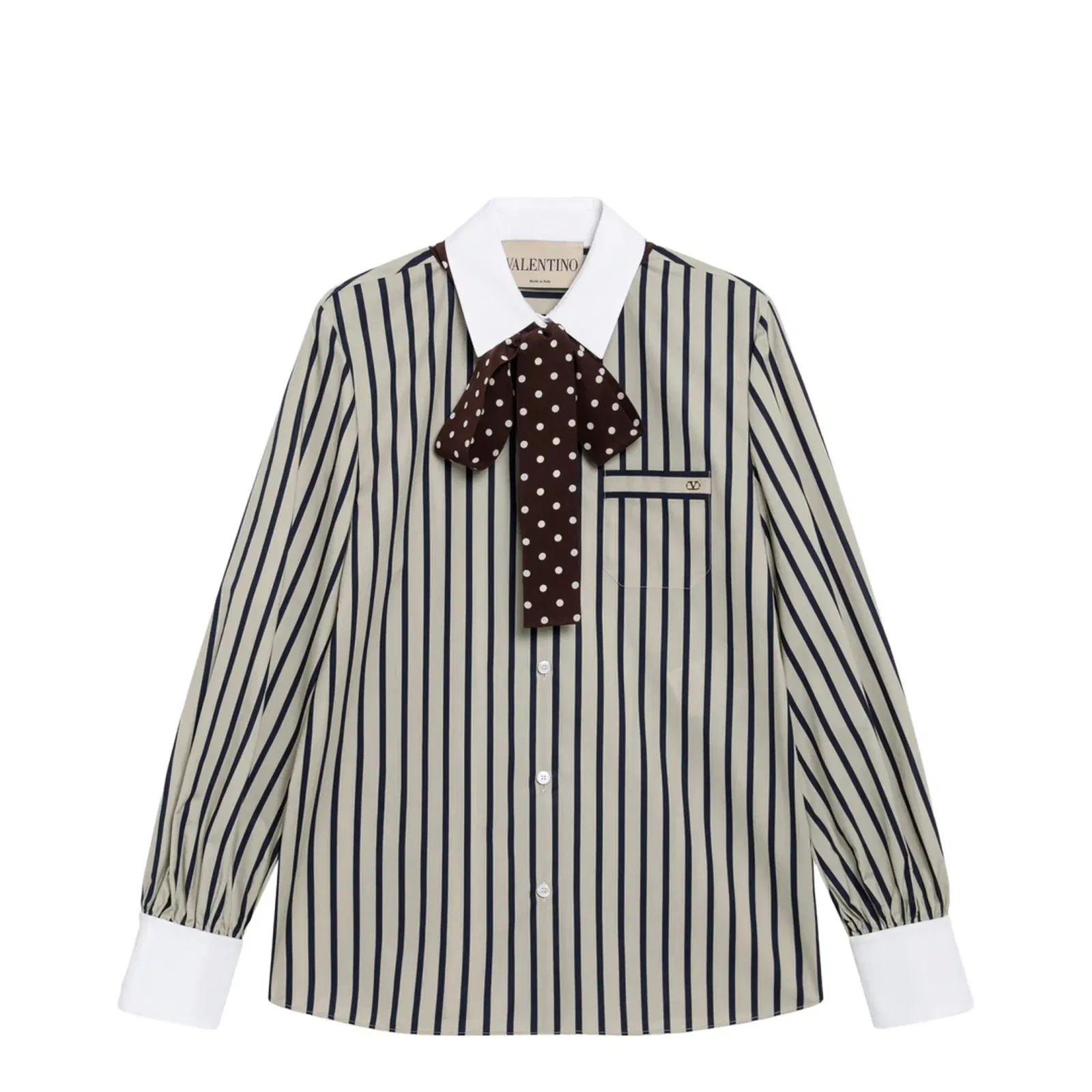 Striped Cotton Shirt With Scarf In Beige And Blue