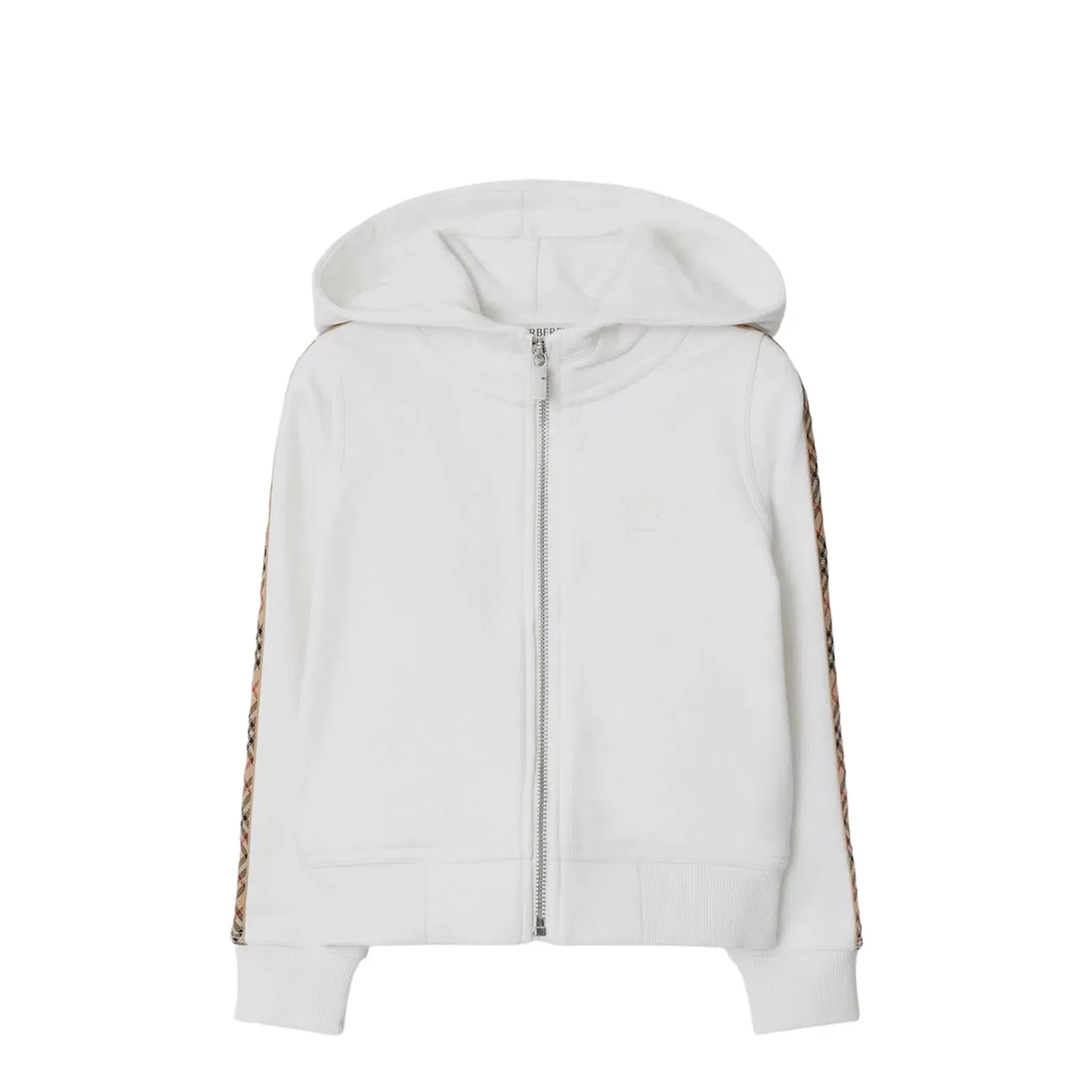 White Zip Hoodie With Check Trims