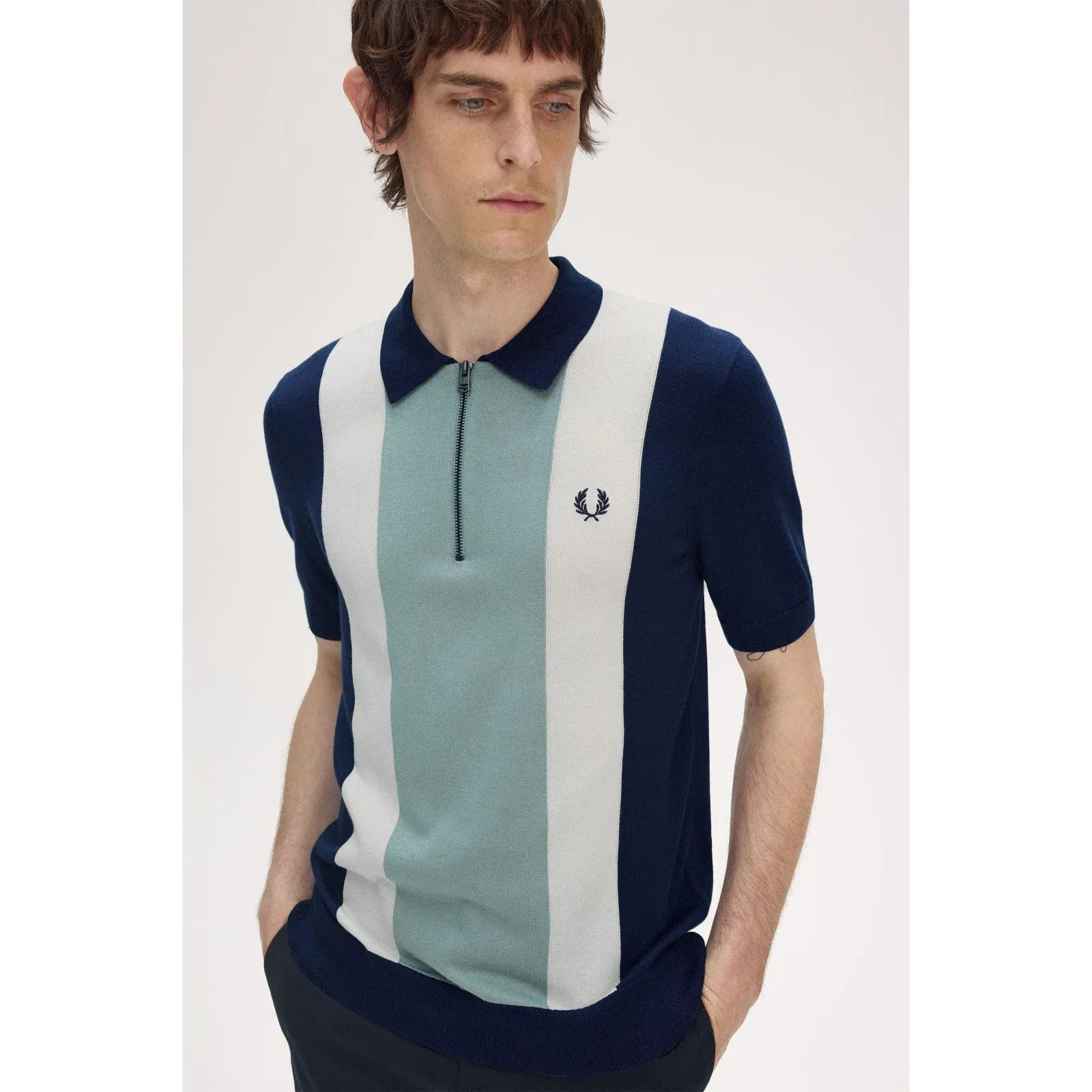 Vertical Stripe Zipped Short-Sleeve Polo Shirt