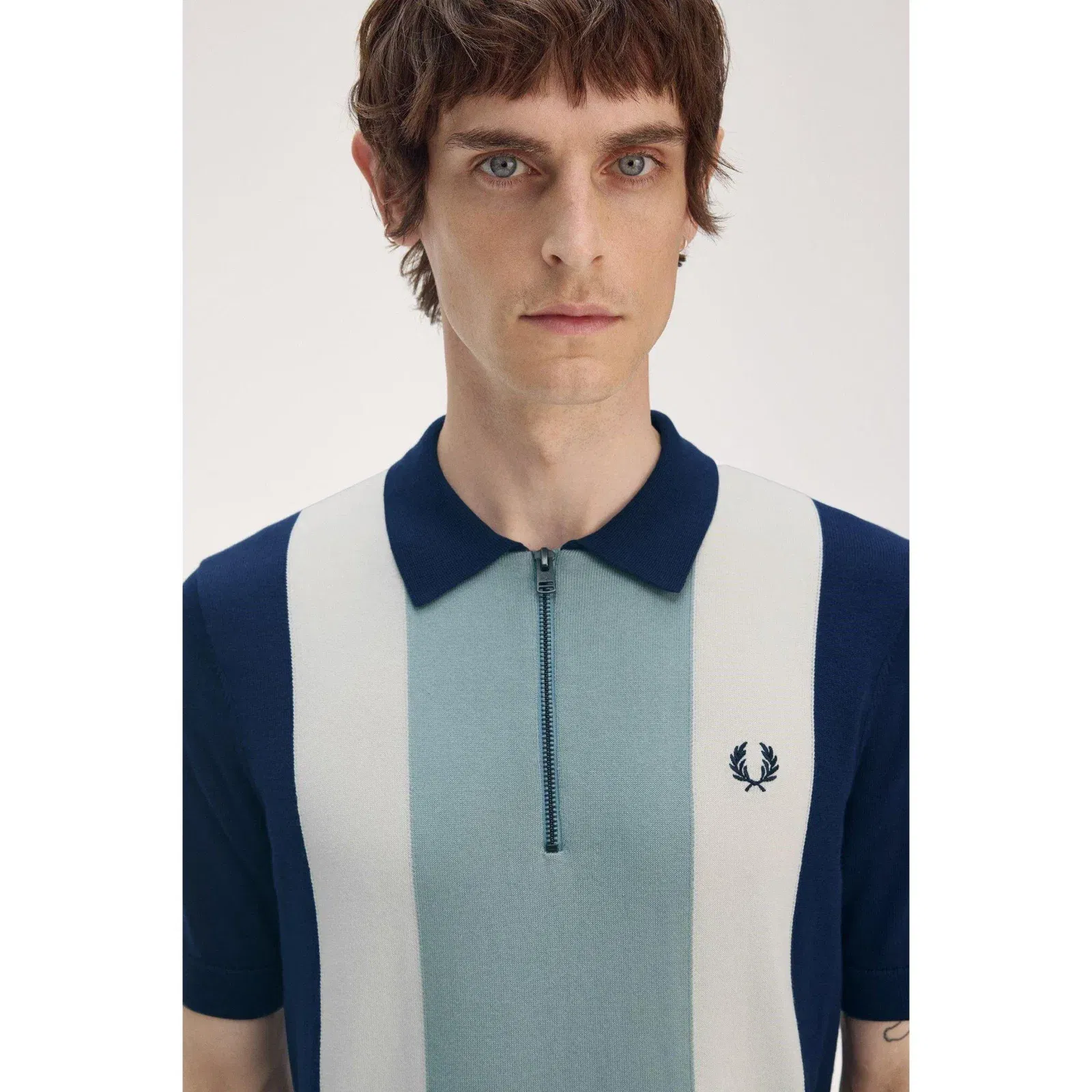 Vertical Stripe Zipped Short-Sleeve Polo Shirt