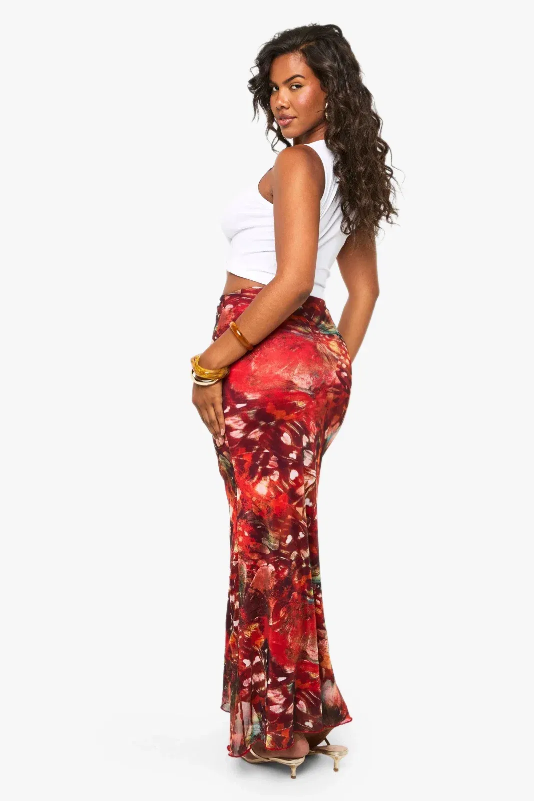 Floral Printed Mesh Maxi Skirt