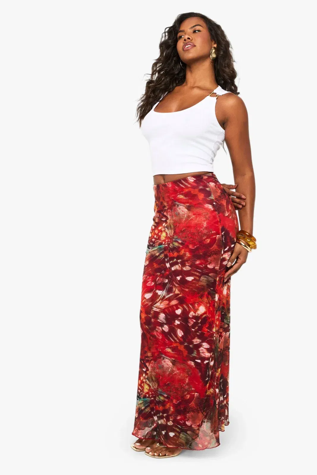 Floral Printed Mesh Maxi Skirt