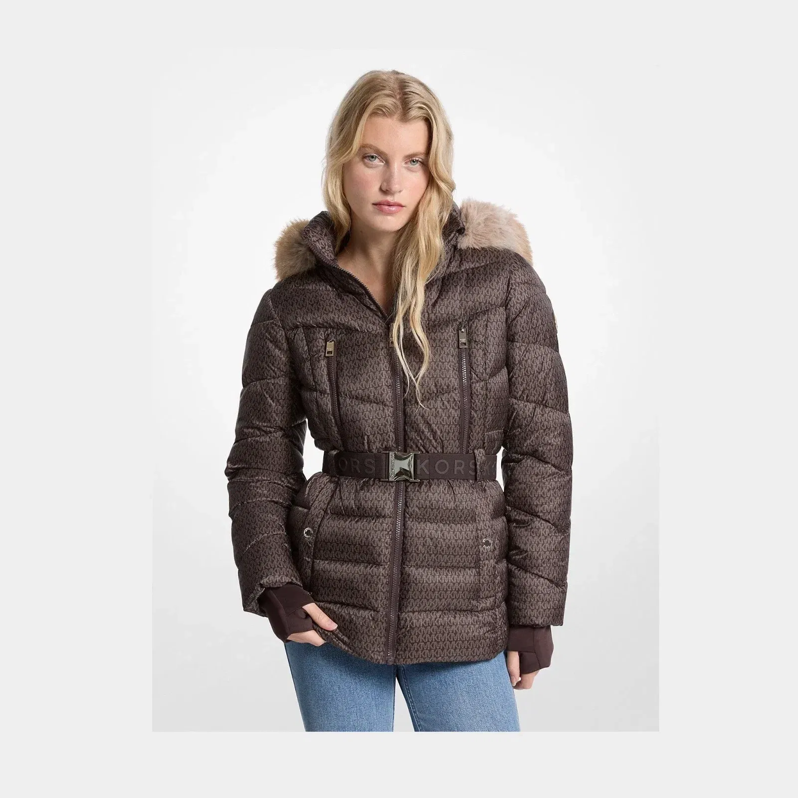 belted puffer jacket mk fur jacket
