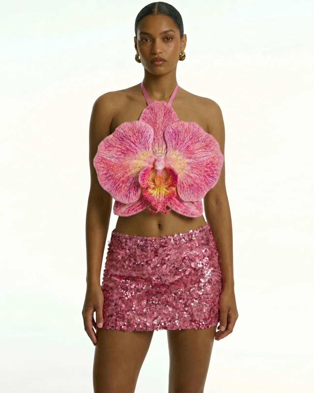 3D Orchid Halter Crop Top - Pink