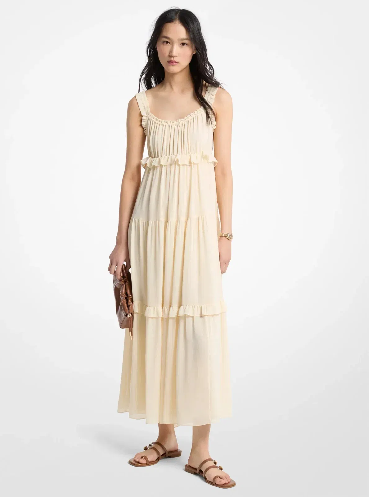 Michael Kors Ruffled Georgette Maxi Dress BONE