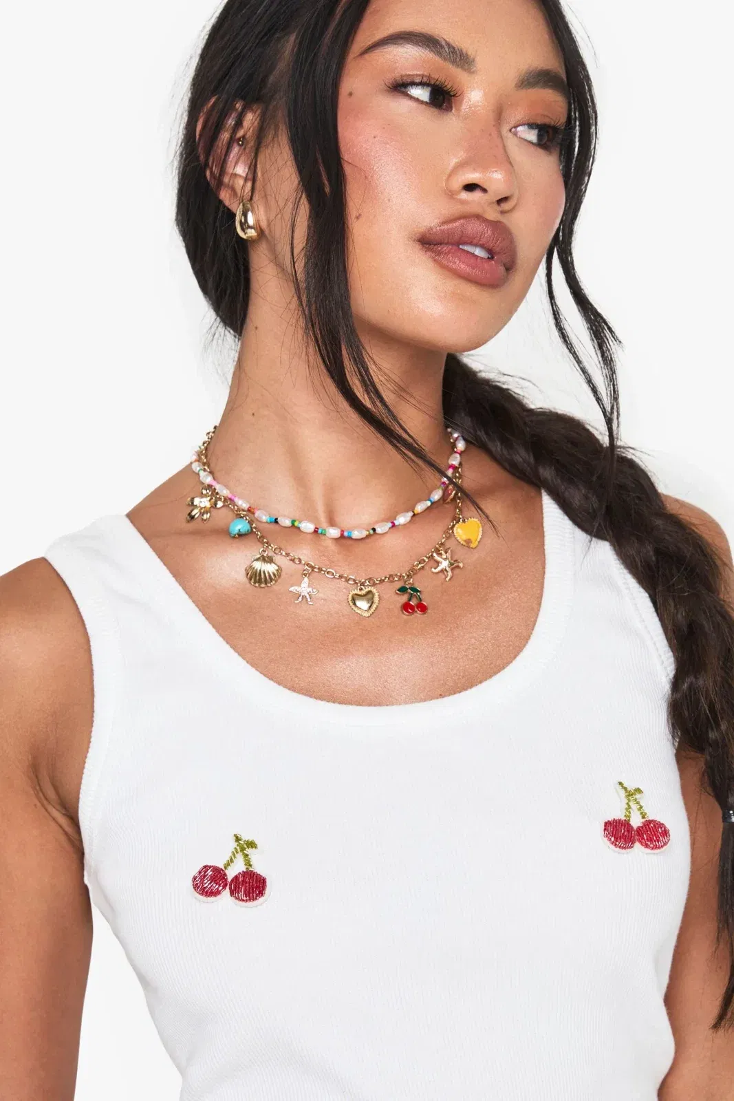 Rib Cherry Embellished Tank Top