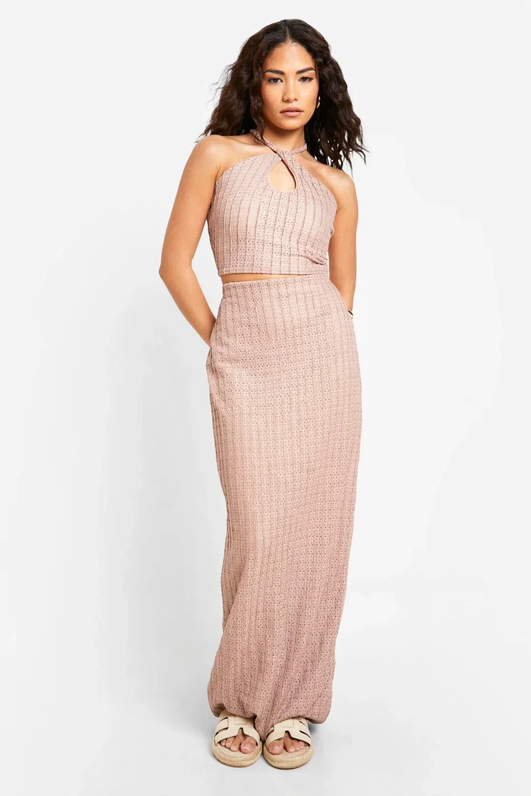 Petite Textured Halter Keyhole Crop Top