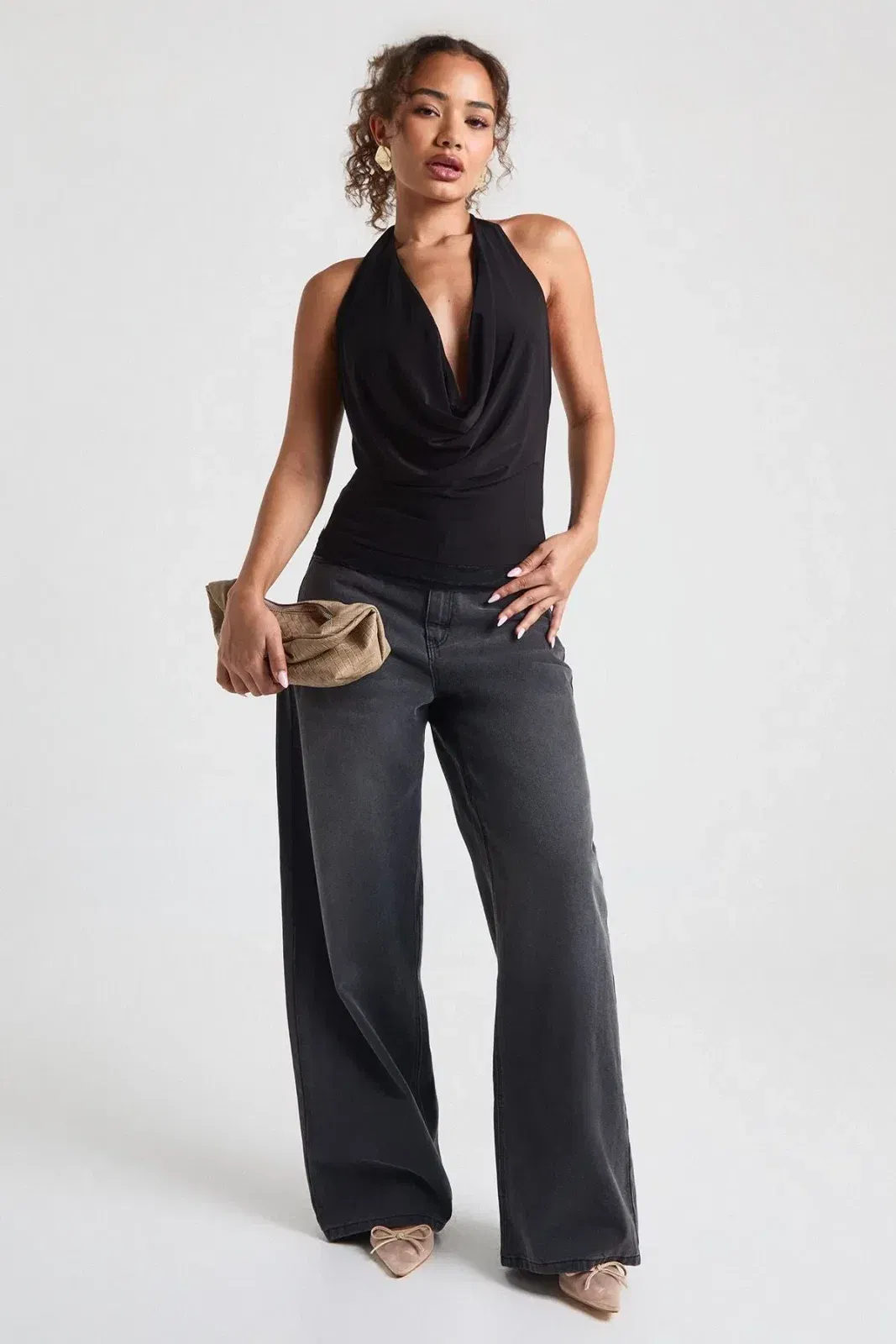 Double Layer Slinky Cowl Neck Lace Trim Top