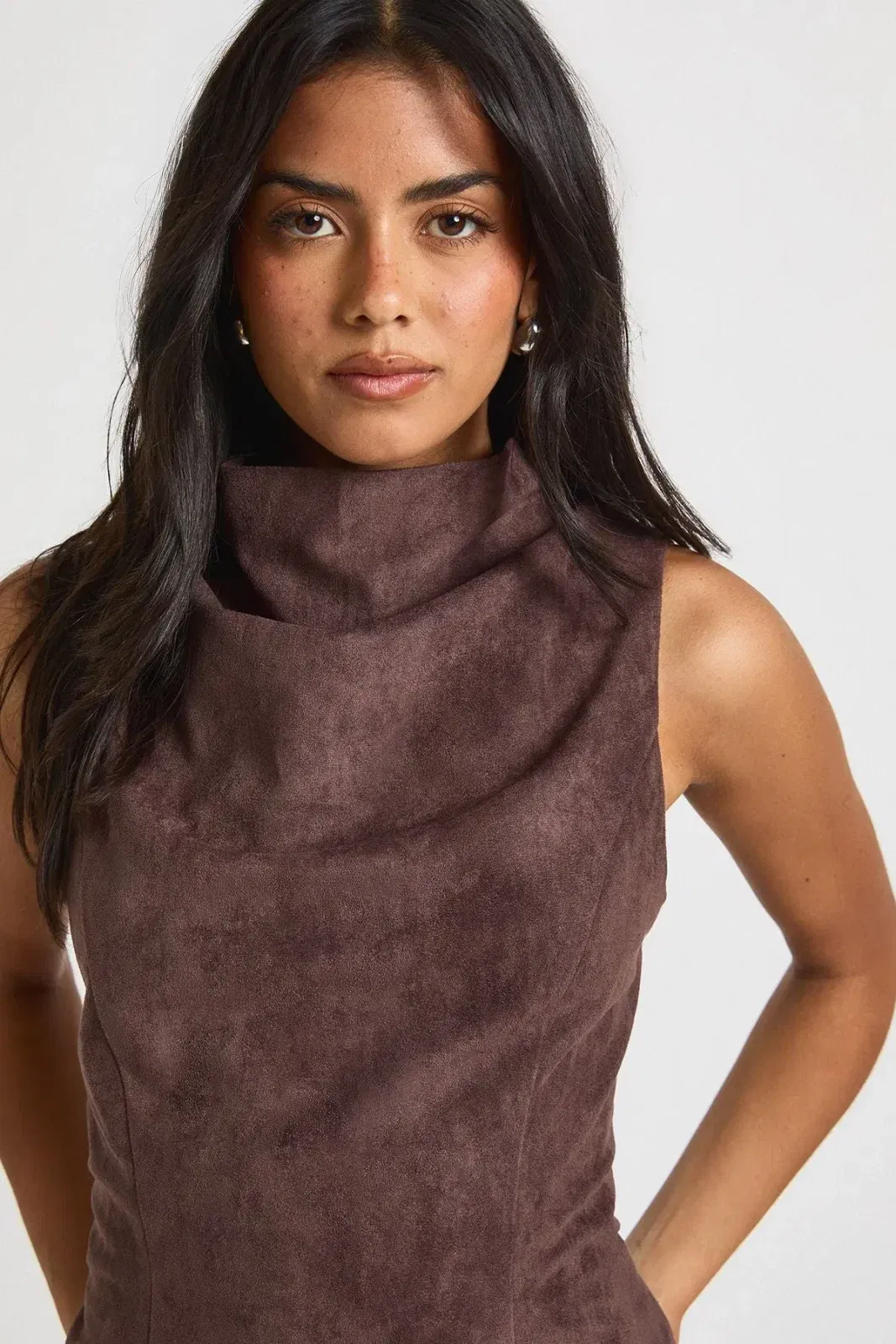 Faux Suede High Neck Cowl Top