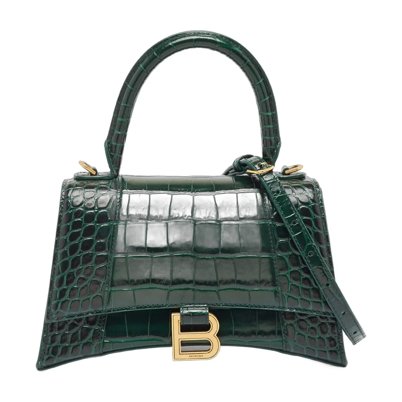 Balenciaga Green Croc Embossed Leather Small Hourglass Top Handle Bag
